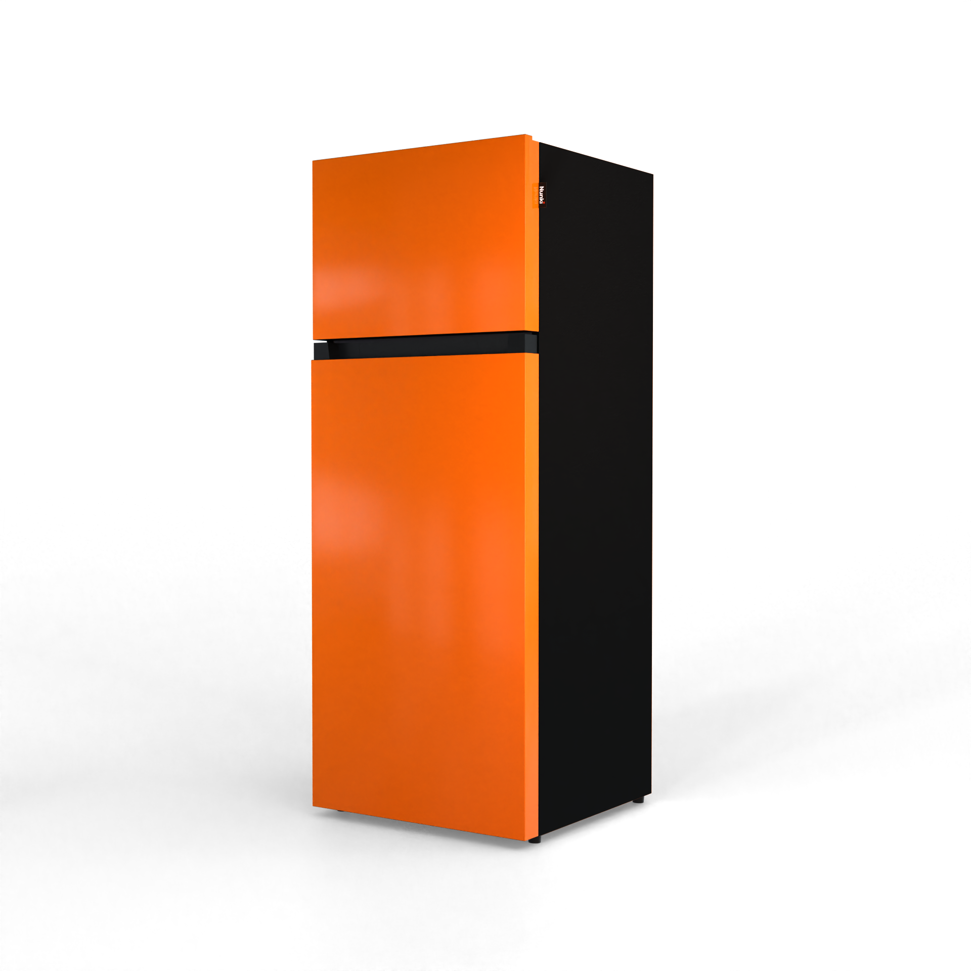 An orange refrigerator with a black side and a black stripe.