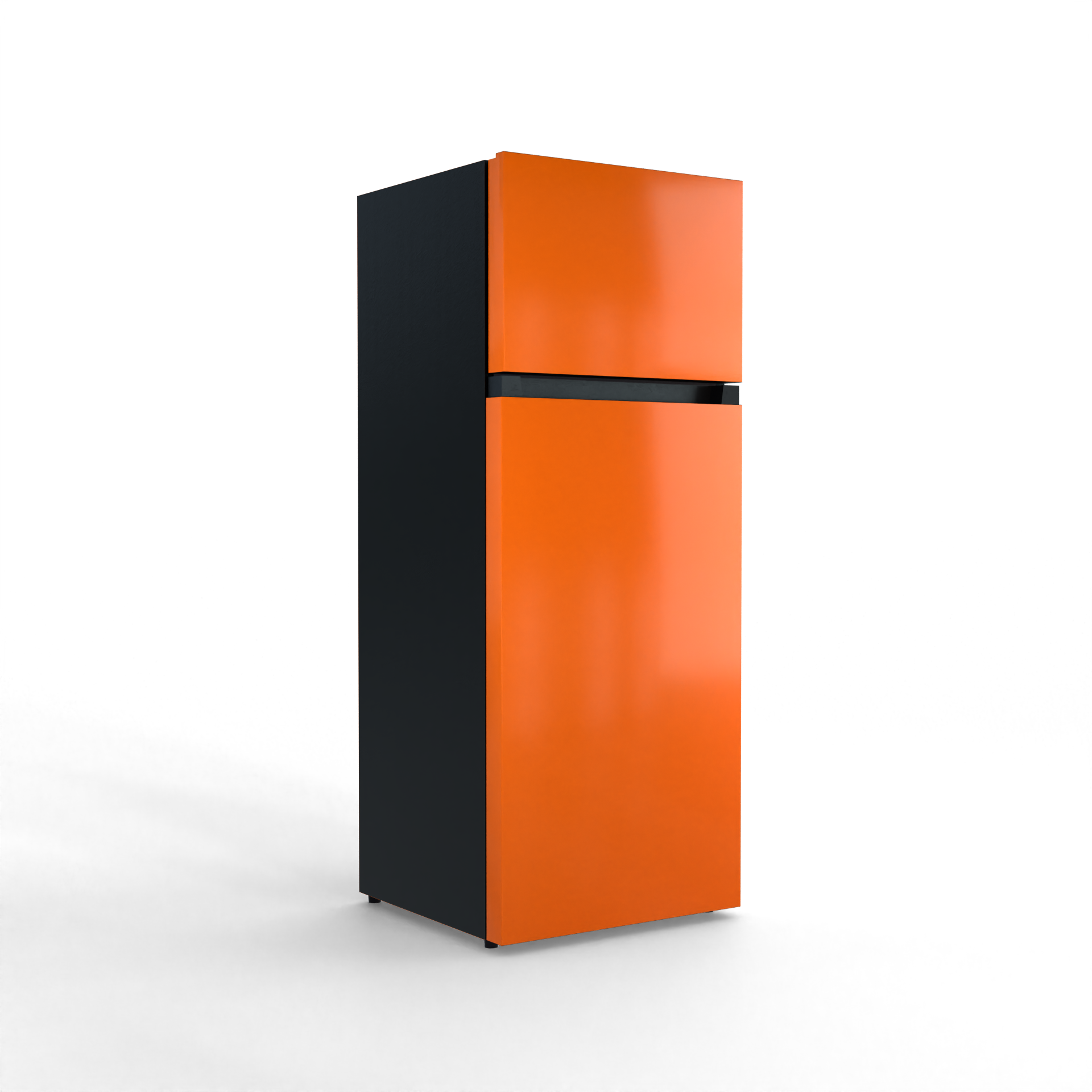 A two-door orange refrigerator with a black body on a black background.