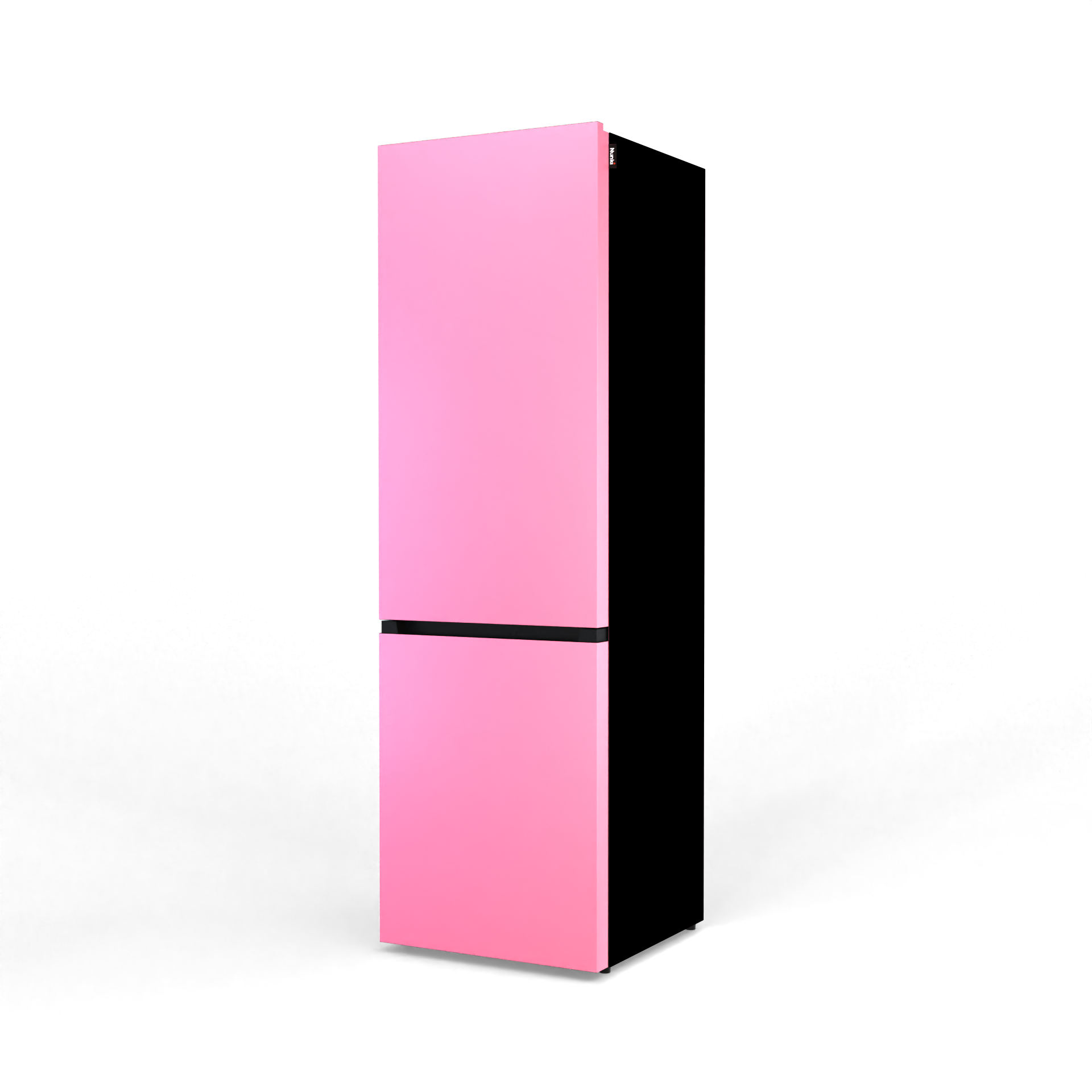 A slim, pink refrigerator with a black dividing line.
