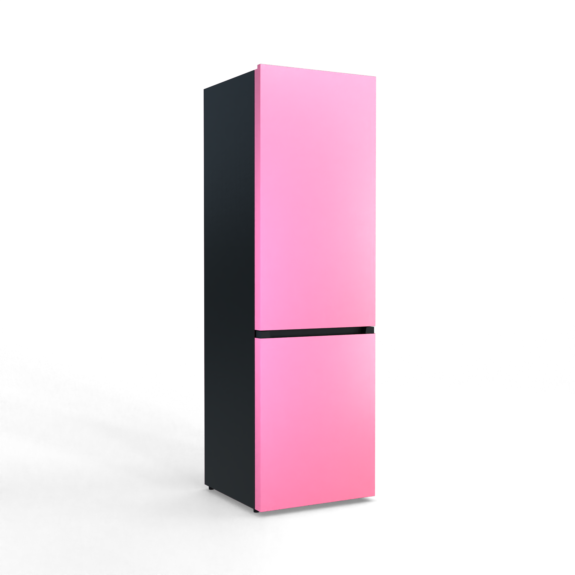 A tall, slim, pink refrigerator with a dark gray side stands against a black background.