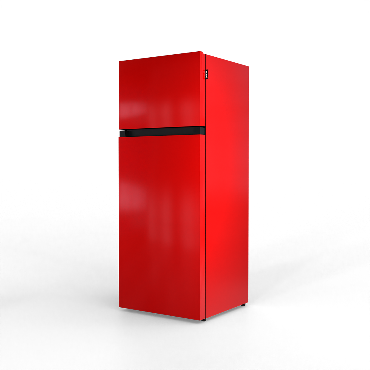 A red refrigerator with a black dividing line, isolated on a black background.