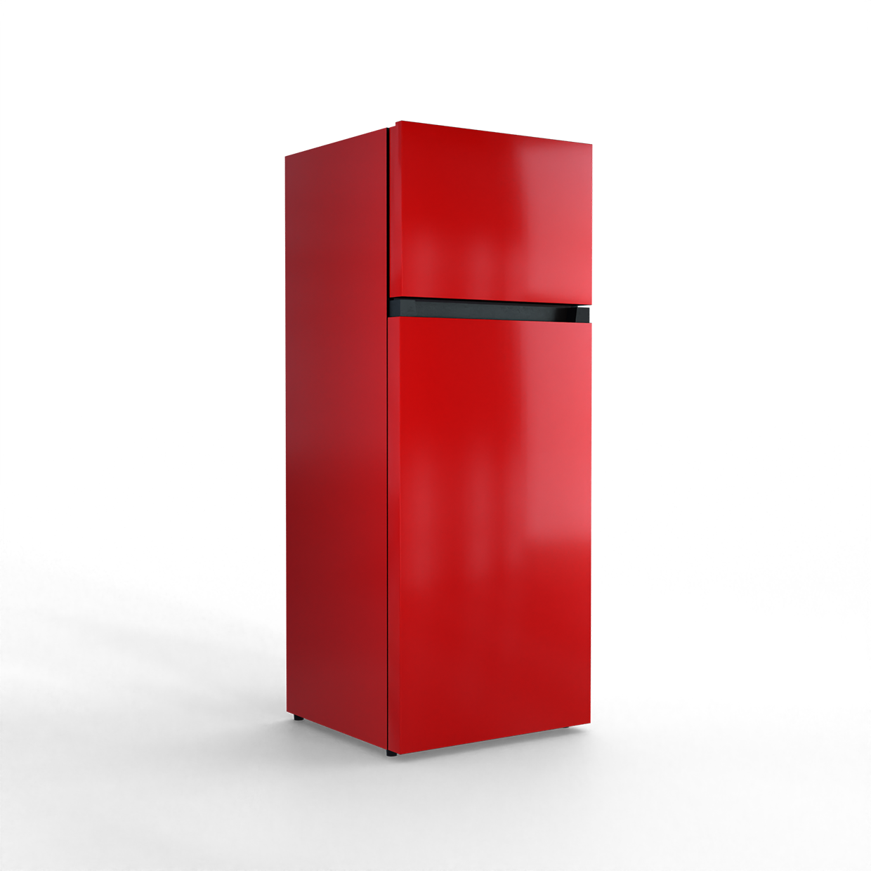 A red, two-door refrigerator with a black stripe on a black background.