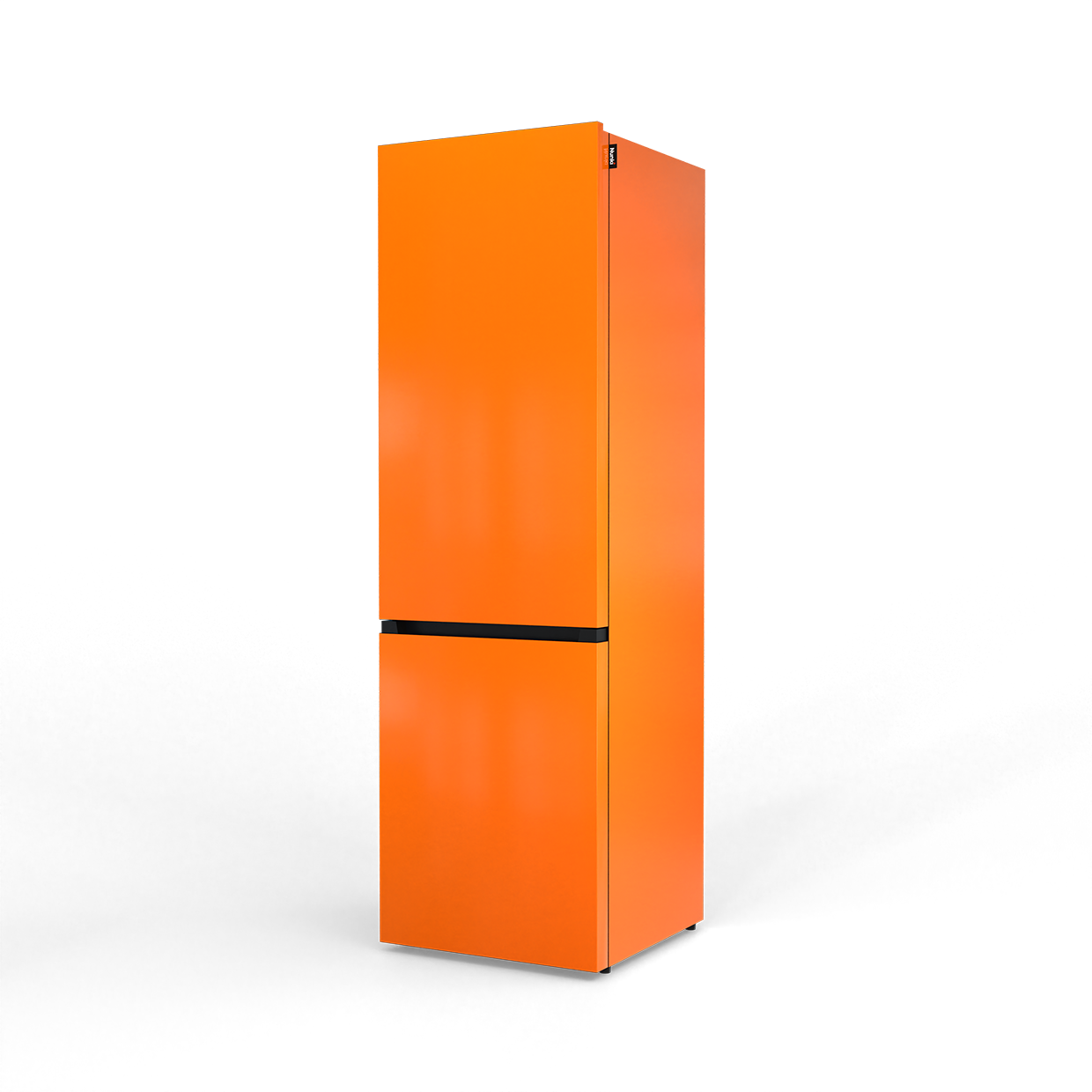 A bright orange refrigerator with a black stripe, isolated on a black background.