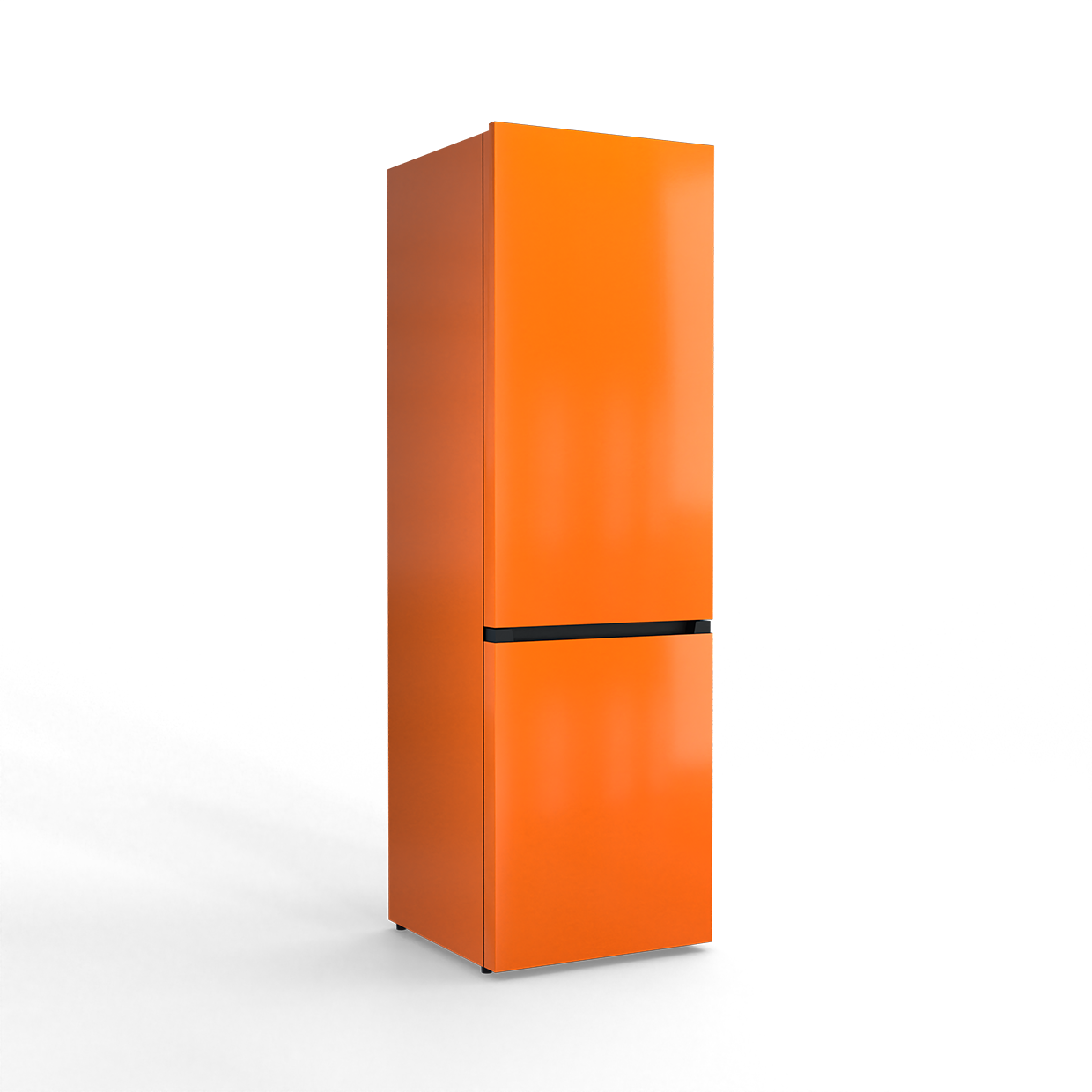 A tall, slim, bright orange refrigerator with a black handle stands against a black background.