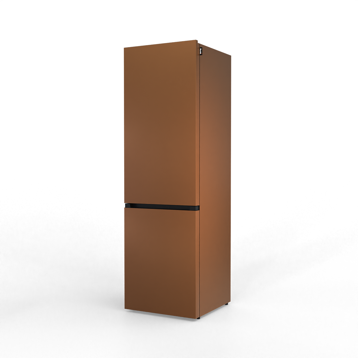 A brown refrigerator with a black handle, isolated on a black background.