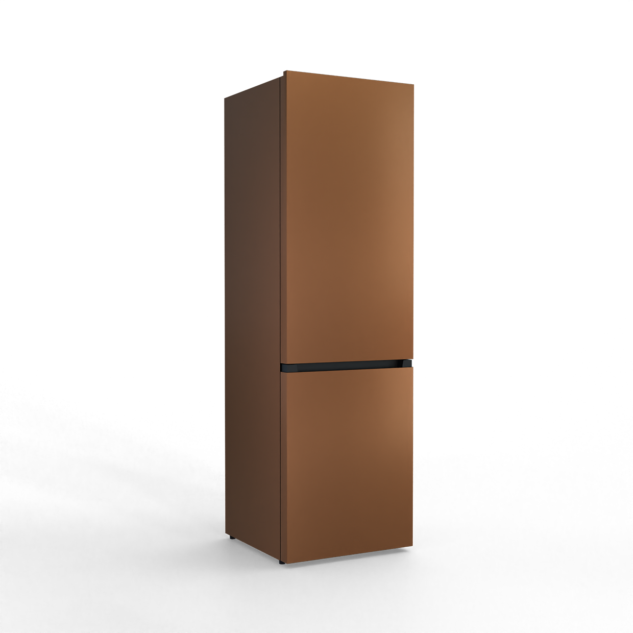 A tall, narrow, brown refrigerator with a black handle strip.