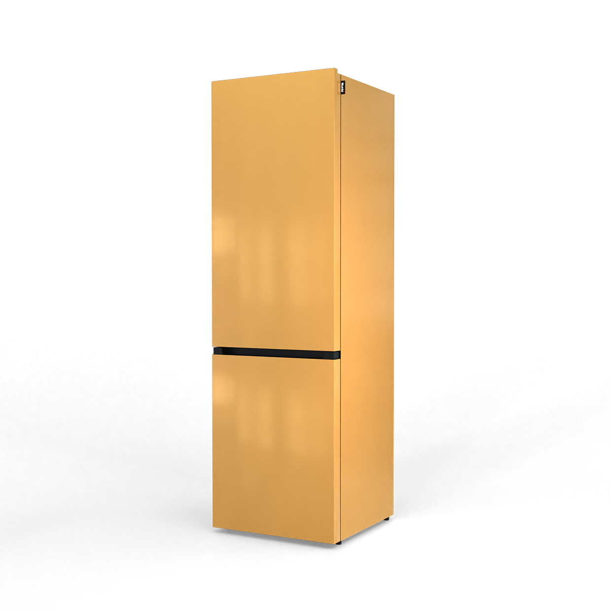 A golden refrigerator with a black stripe stands against a black background.