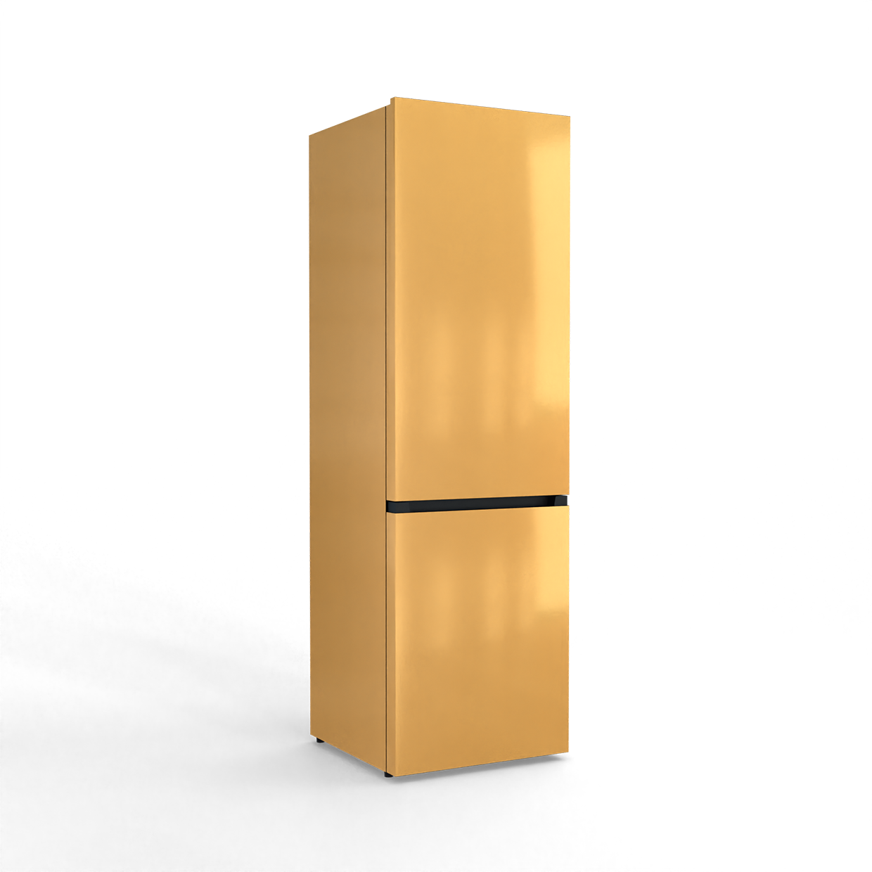 A shiny golden refrigerator with a black trim, isolated on a black background.