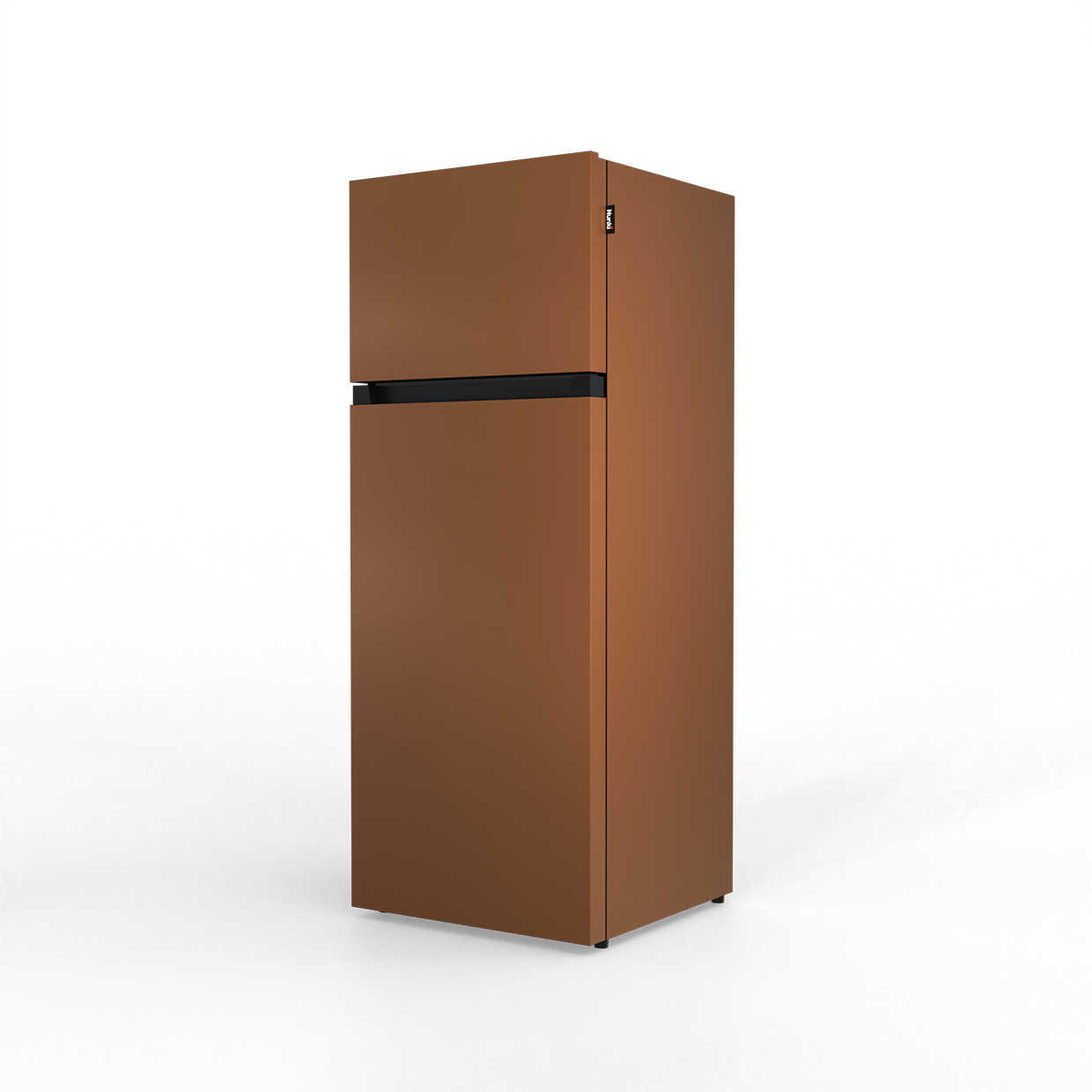 A brown refrigerator with a black stripe and logo on a black background.