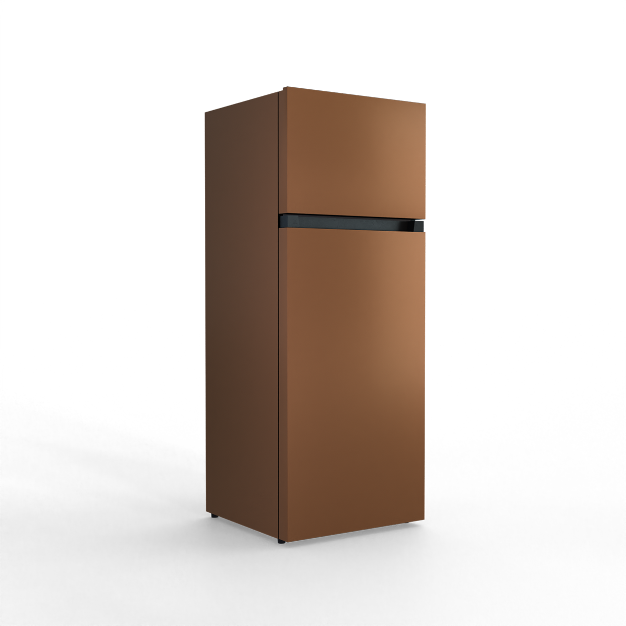 A brown, two-door refrigerator stands against a black background.
