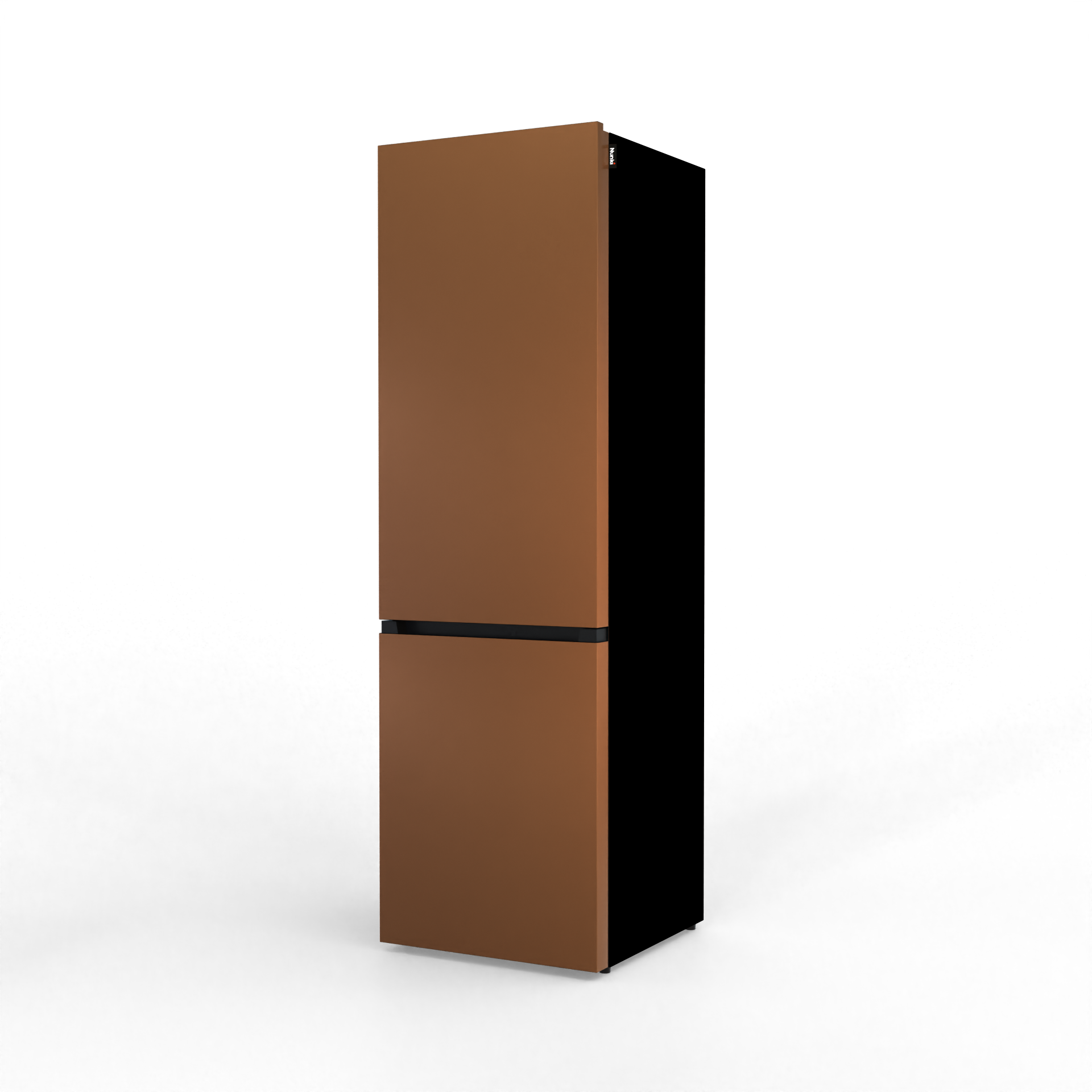 A brown refrigerator with a black handle, isolated on a black background.