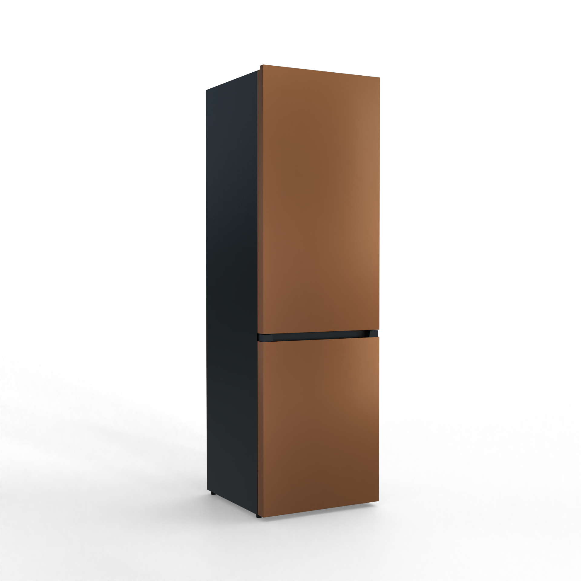 A tall, slim refrigerator with copper-colored doors and a black body.