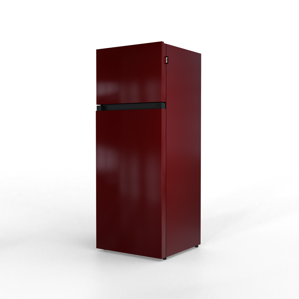 A dark red refrigerator with a black handle, isolated on a black background.
