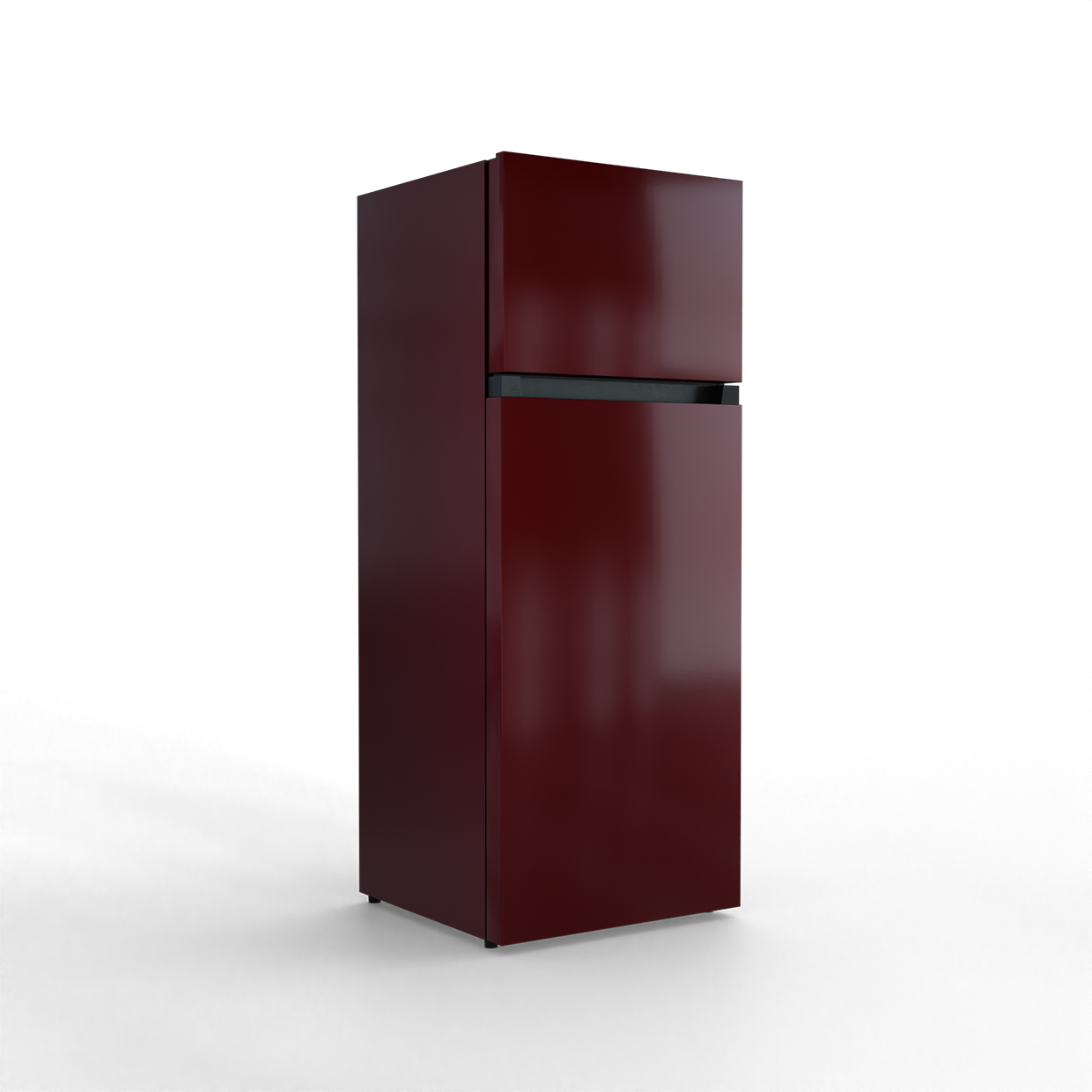 A dark red, two-door refrigerator stands against a black background.
