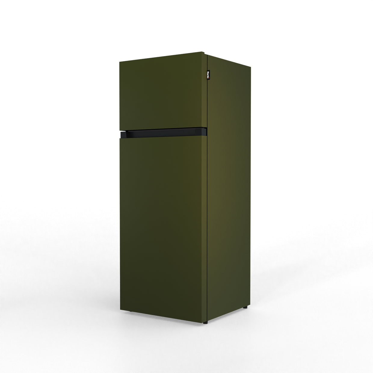 A dark green refrigerator with a black insert stands against a black background.