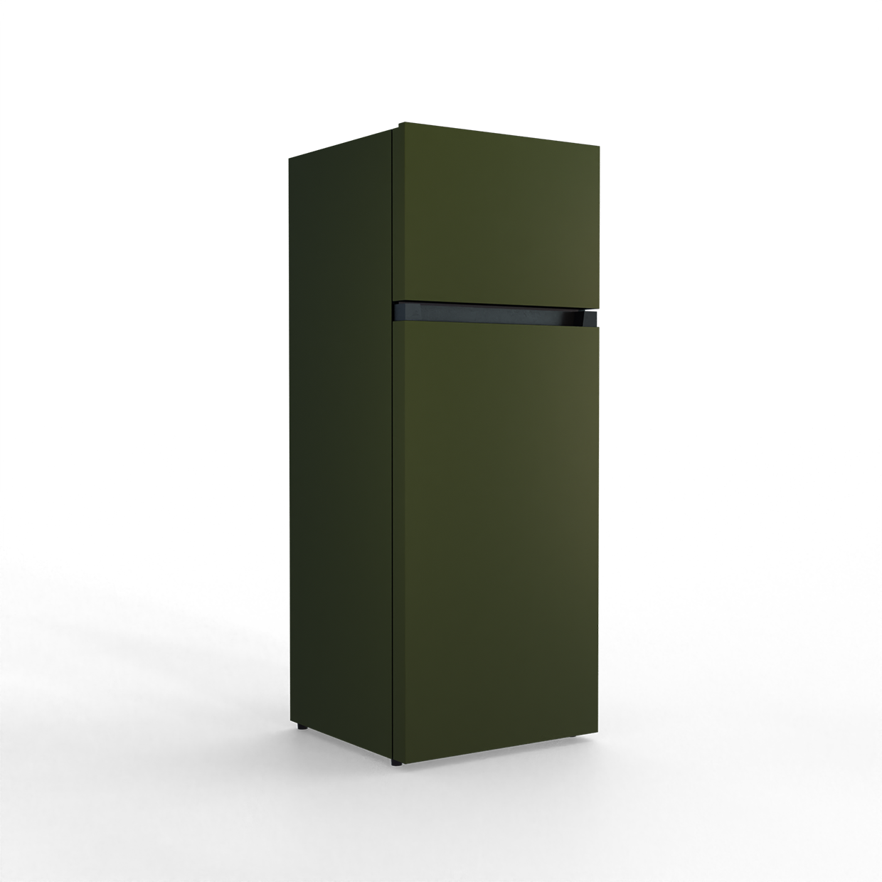A dark green two-door refrigerator with a dark horizontal stripe.