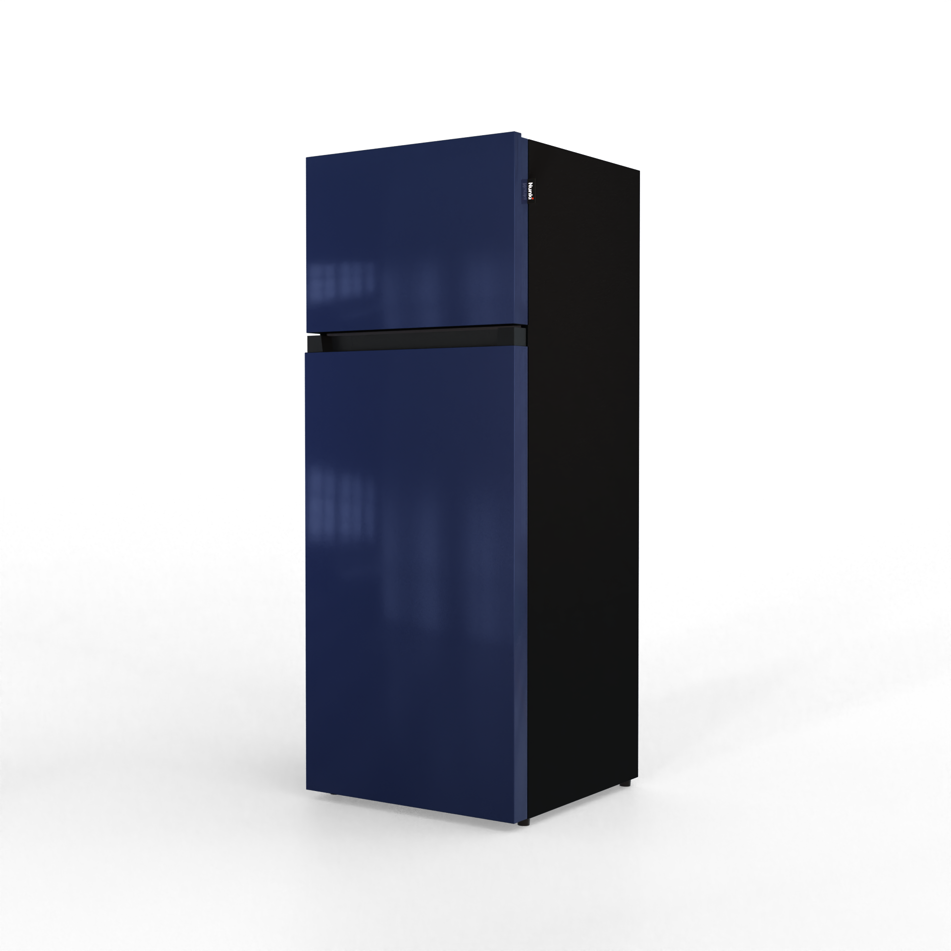 A dark blue refrigerator with a black back stands on a black background.