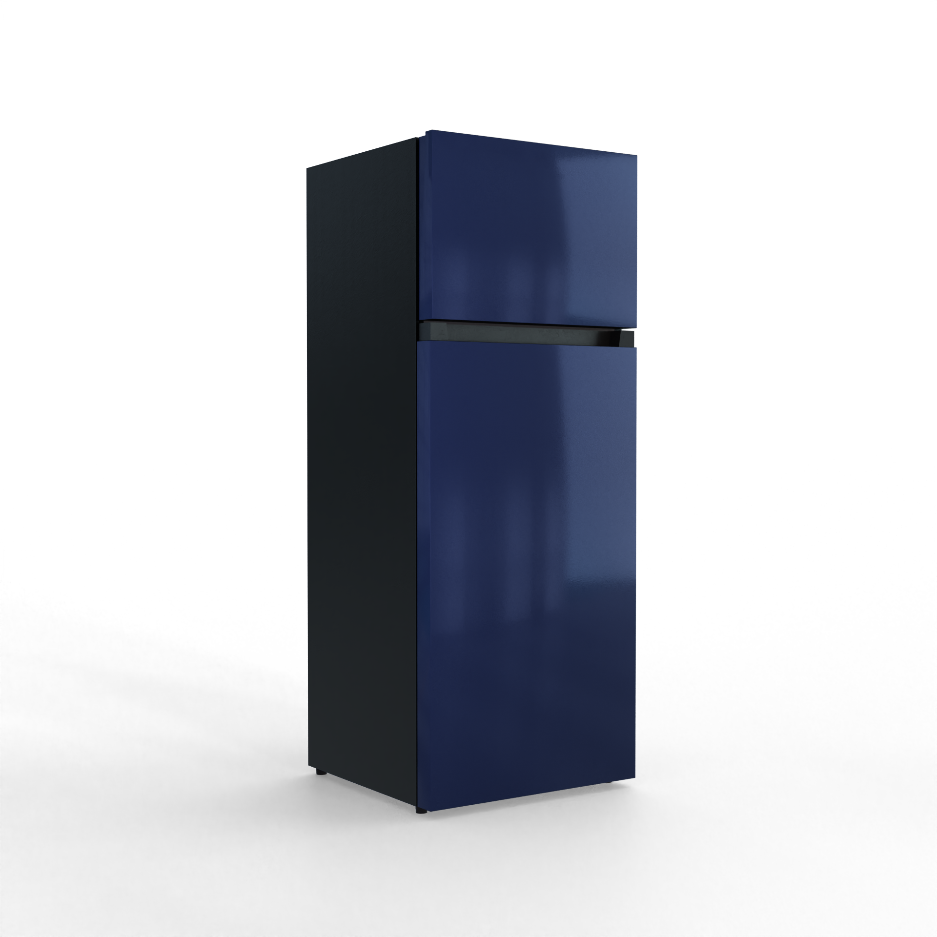 A dark blue refrigerator with a black base and a silver handle.