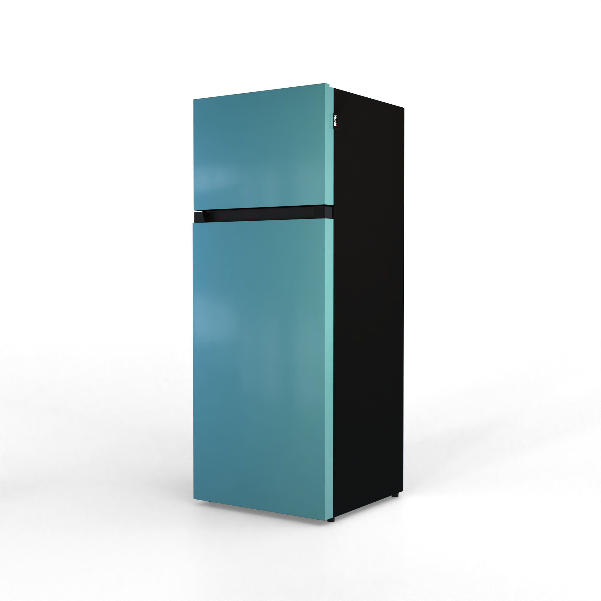 A two-door refrigerator in blue and black stands against a black background.