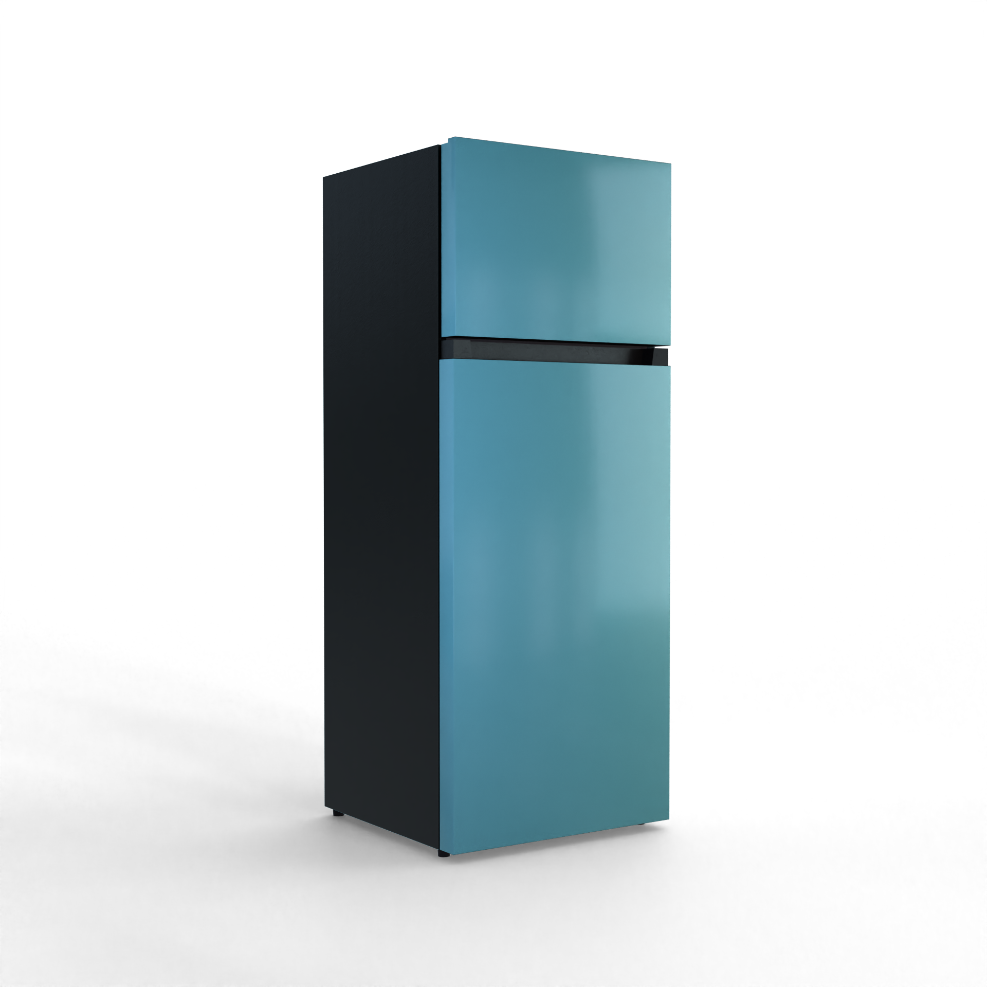 A blue and black two-door refrigerator stands against a black background.