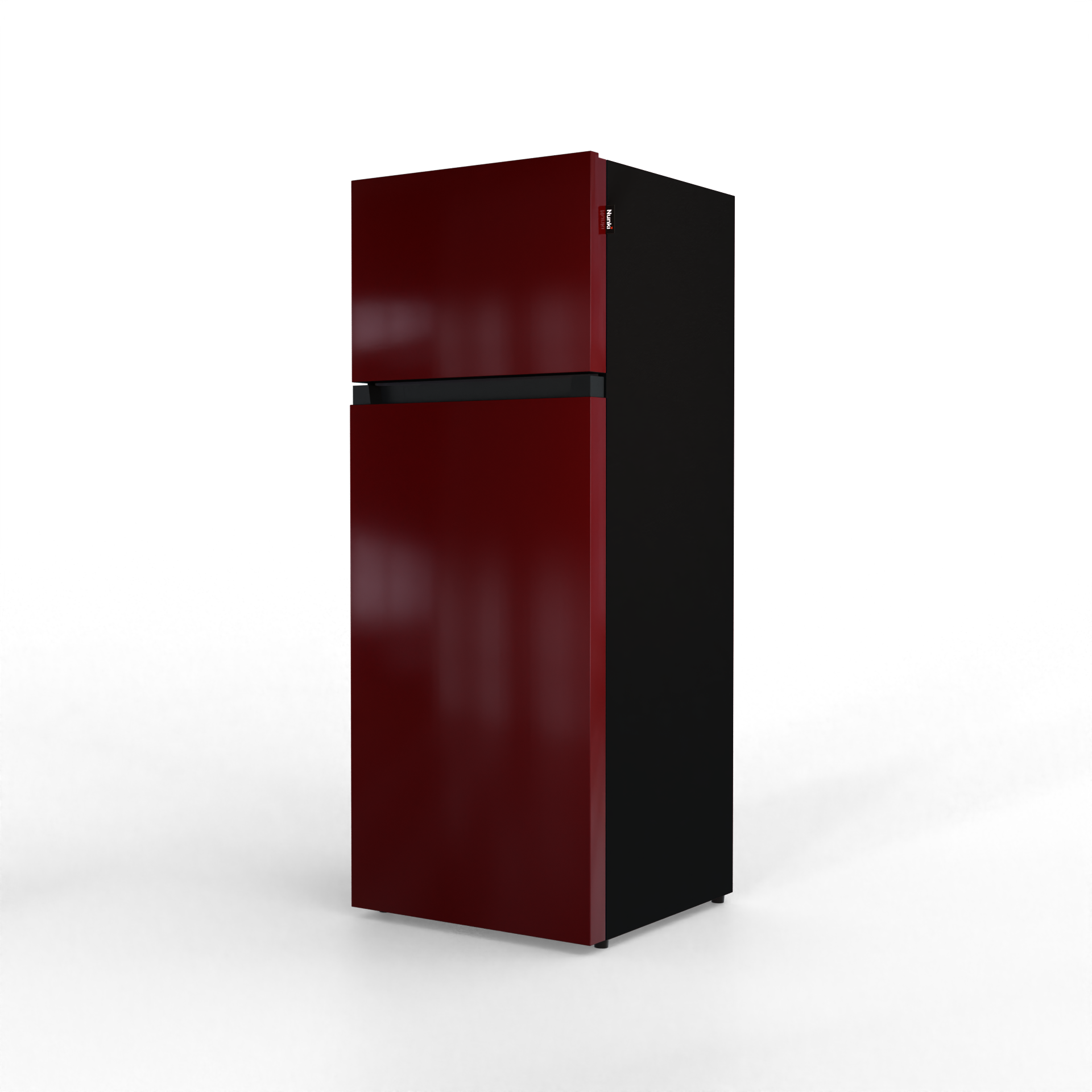 A two-door, dark red and black refrigerator is shown against a black background.