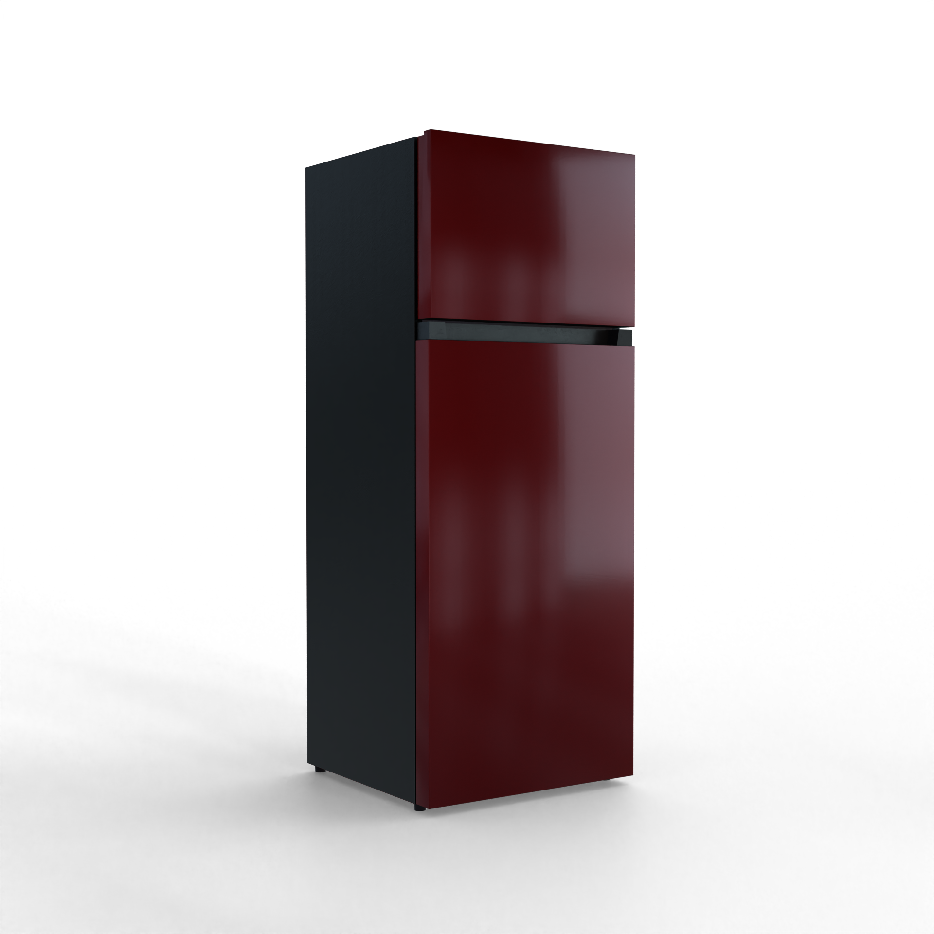 A dark red refrigerator with a black side and a black handle.