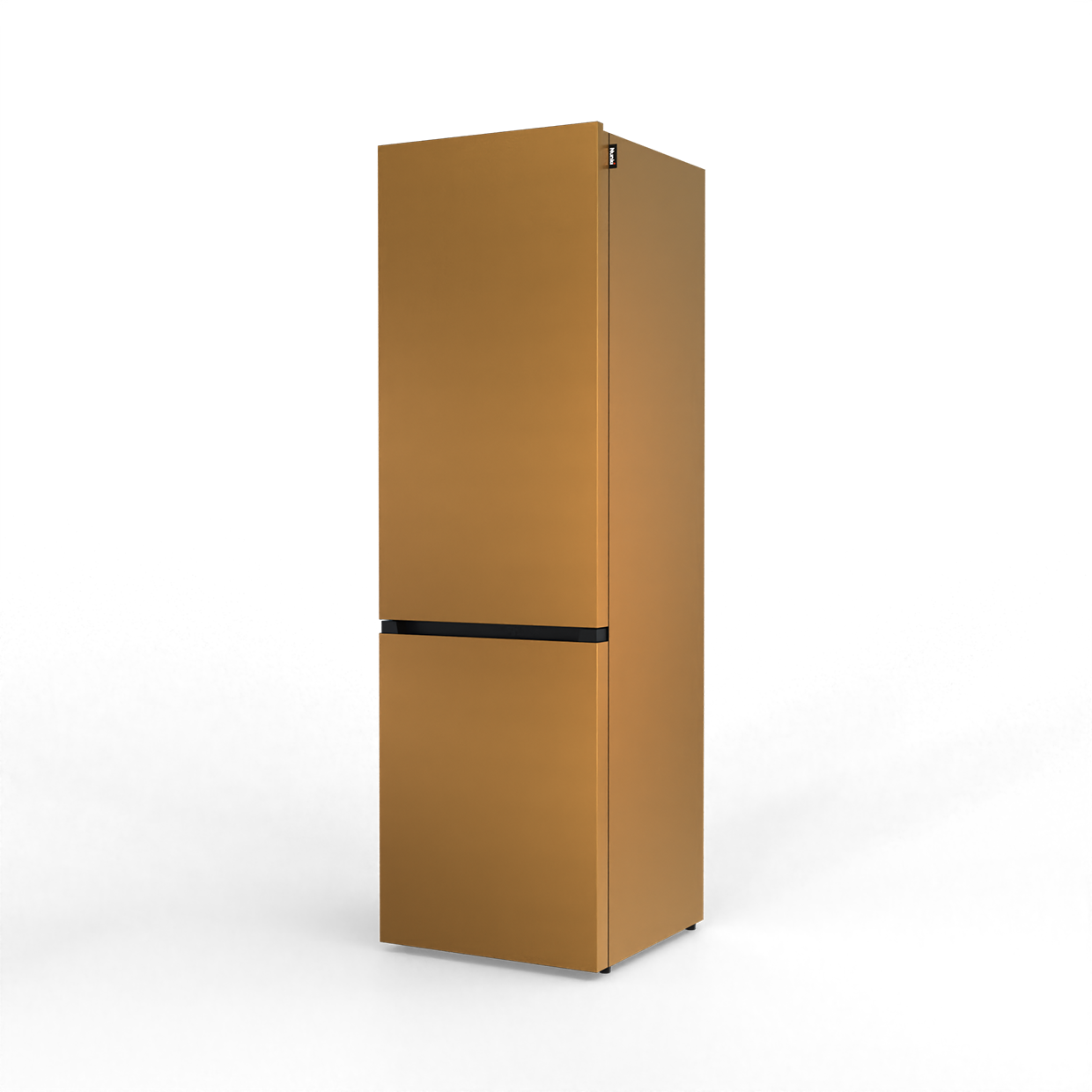 A golden refrigerator with a black handle, isolated on a black background.