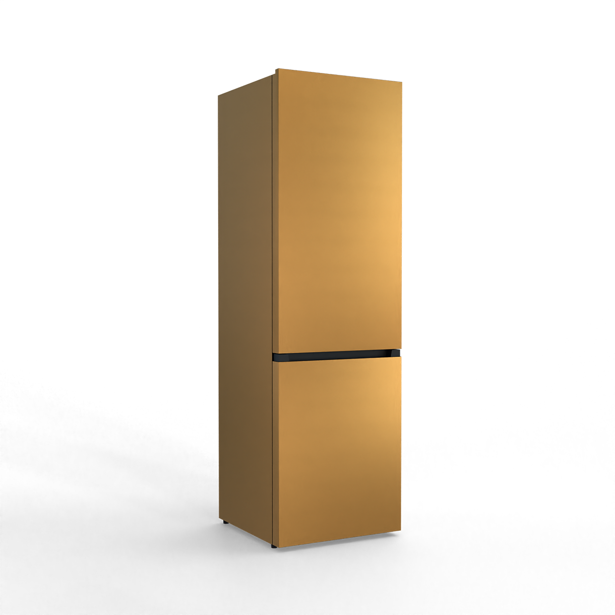 A golden refrigerator with a black stripe, standing alone on a black background.