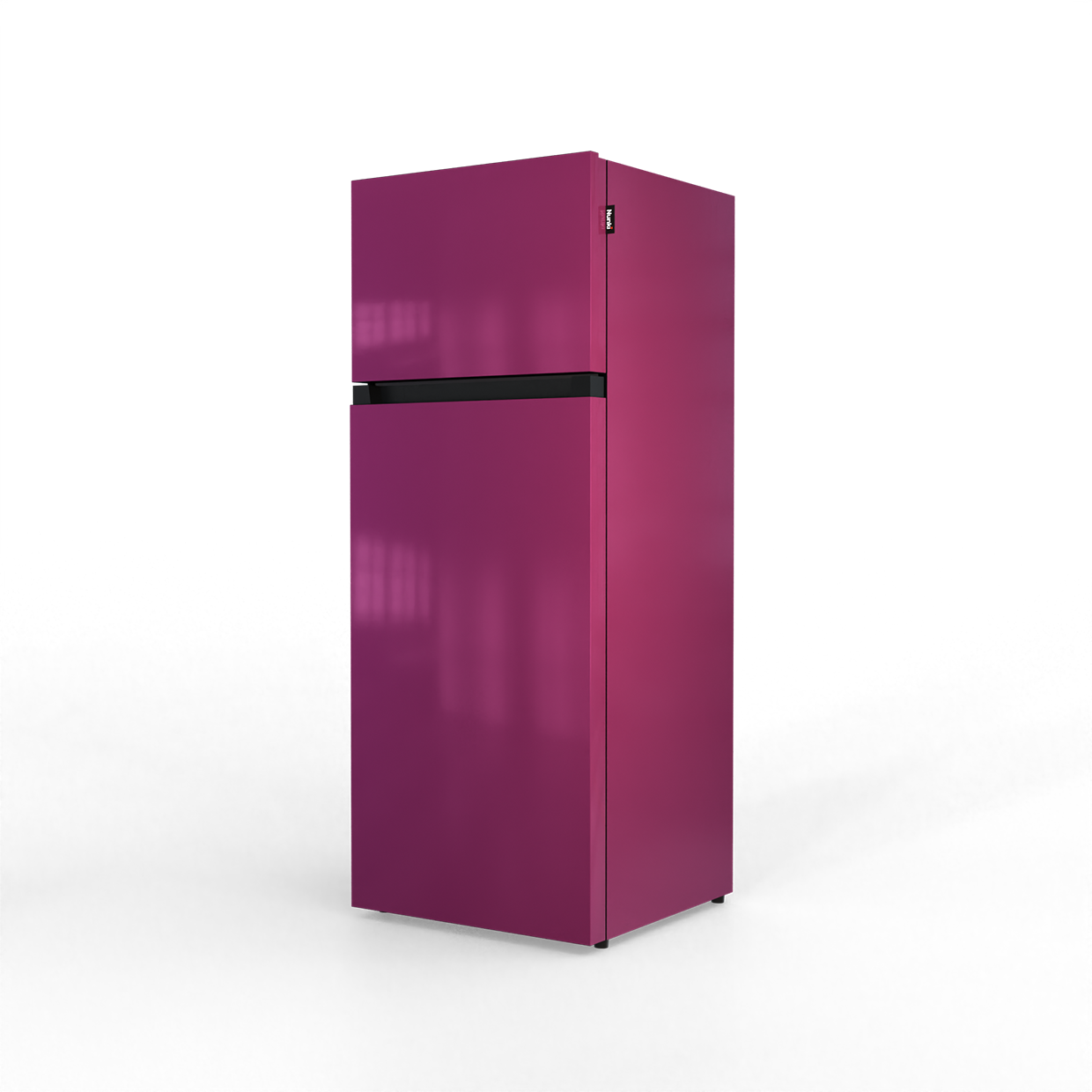 A glossy, magenta refrigerator with a black door seal stands against a black background.