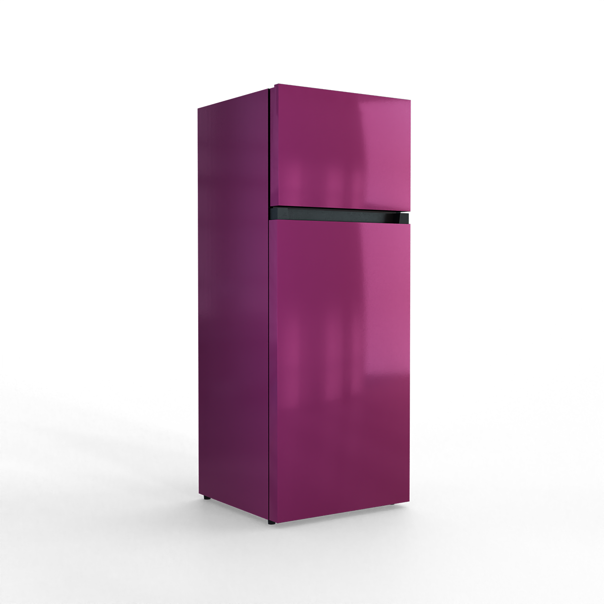 A shiny, purple, two-door refrigerator stands against a black background.