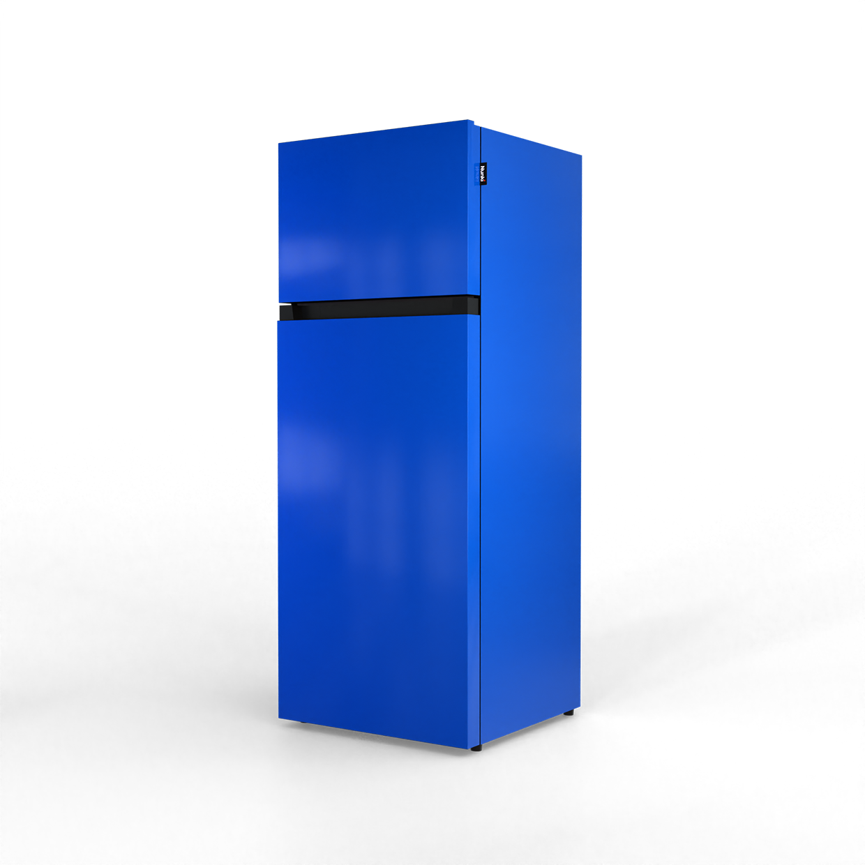 A tall, blue, two-door refrigerator with a black horizontal band across the top.