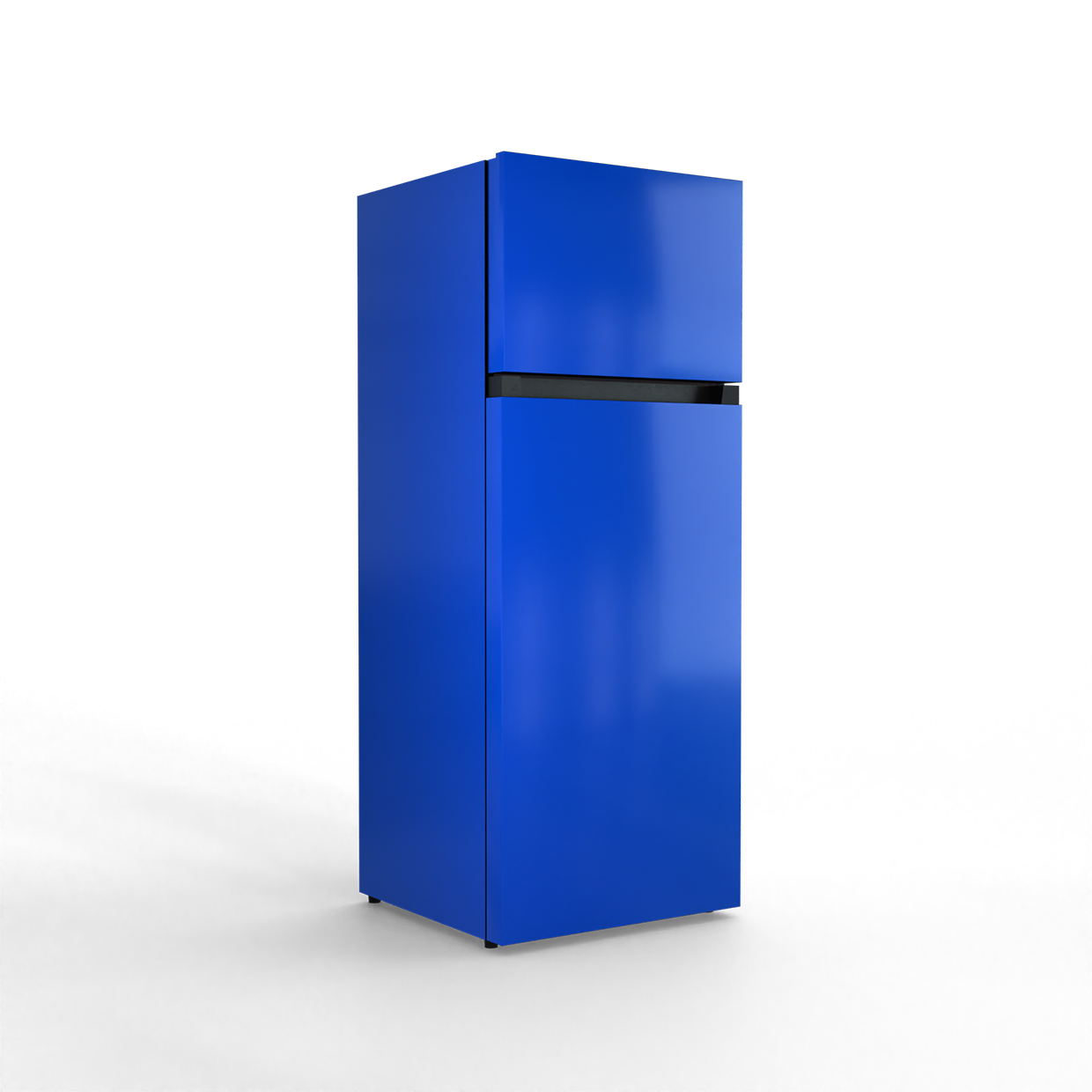 A blue two-door refrigerator stands against a black background.