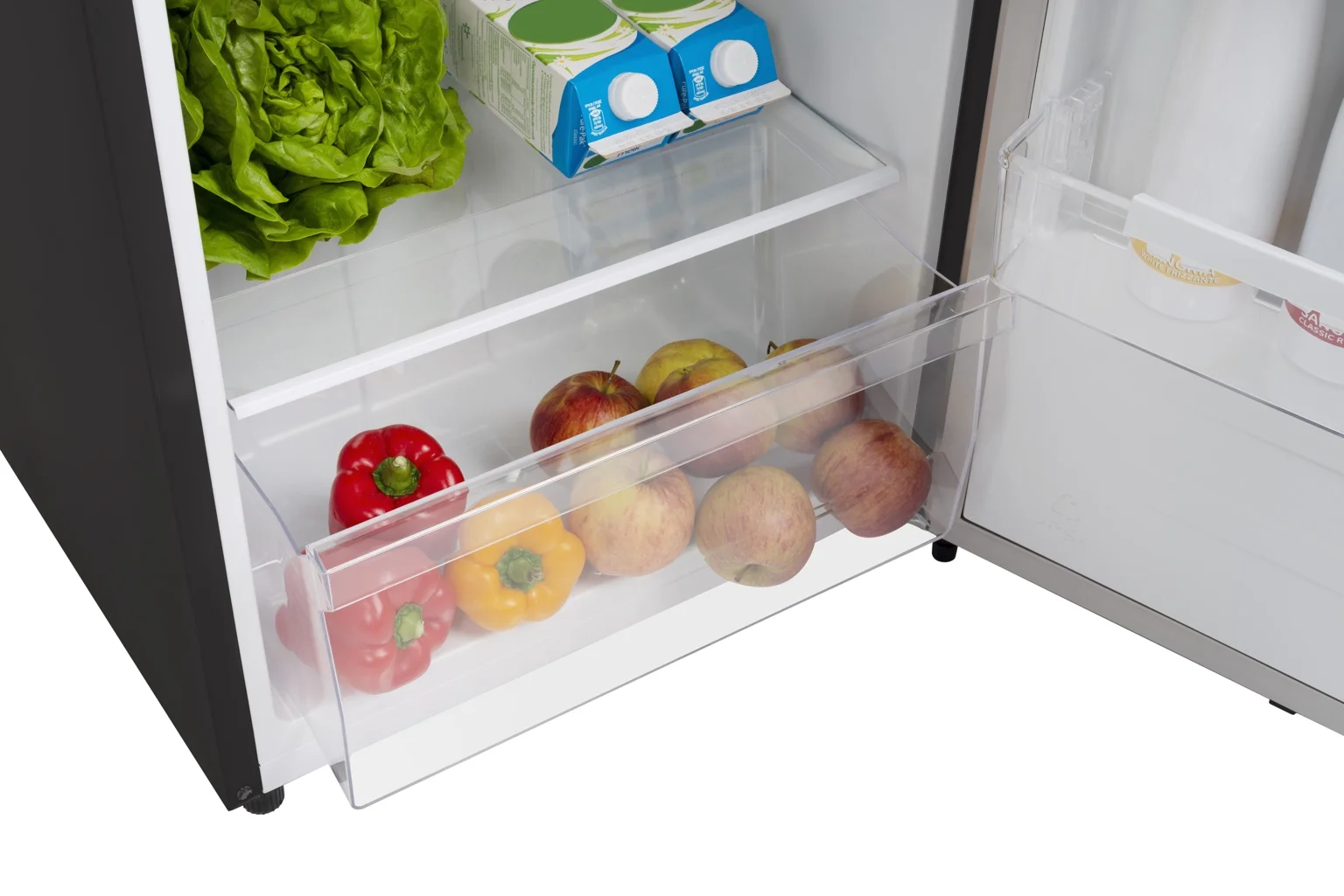 A refrigerator with apples, bell peppers, and lettuce.