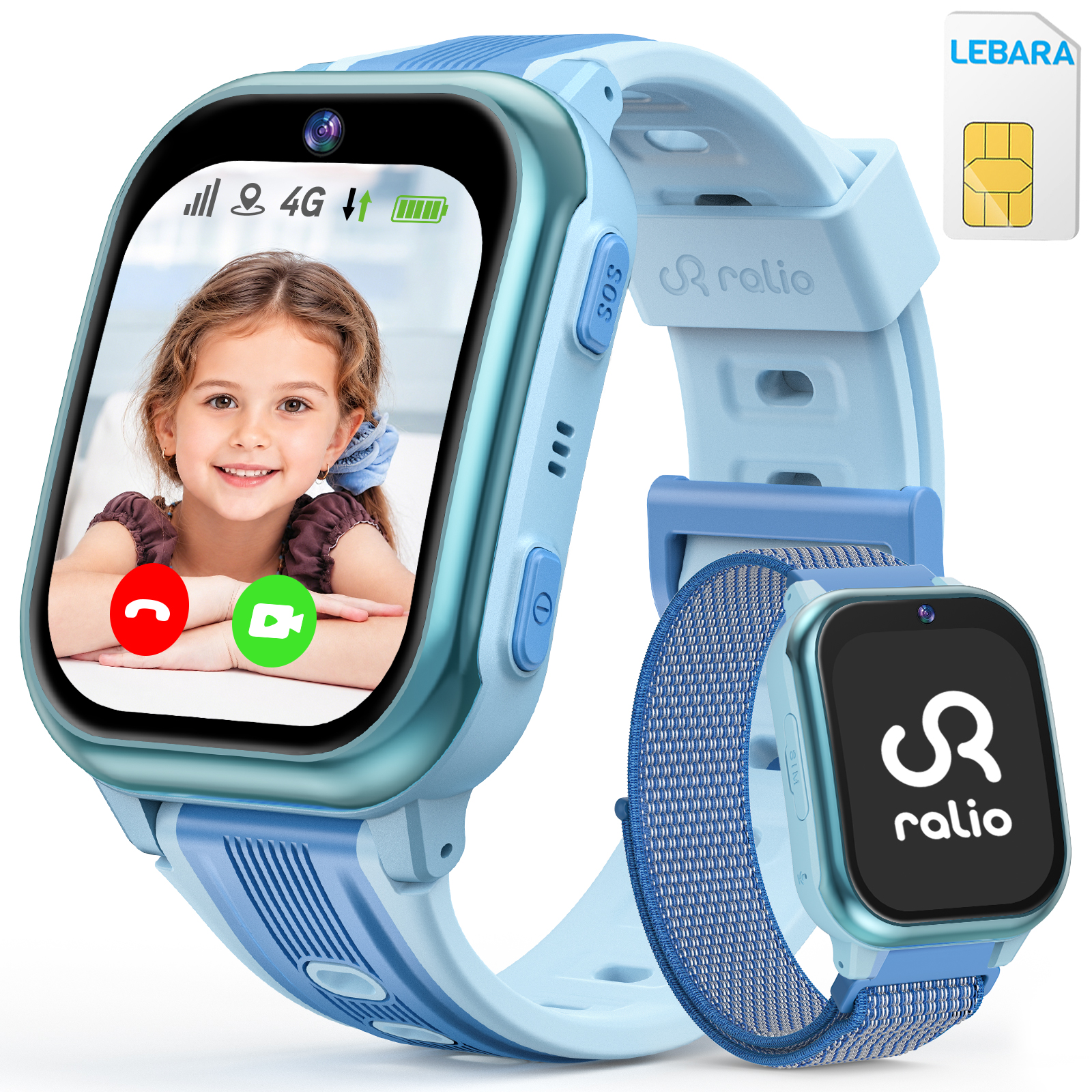 Blaue Smartwatch mit Videoanruf eines Mädchens und einer SIM-Karte.