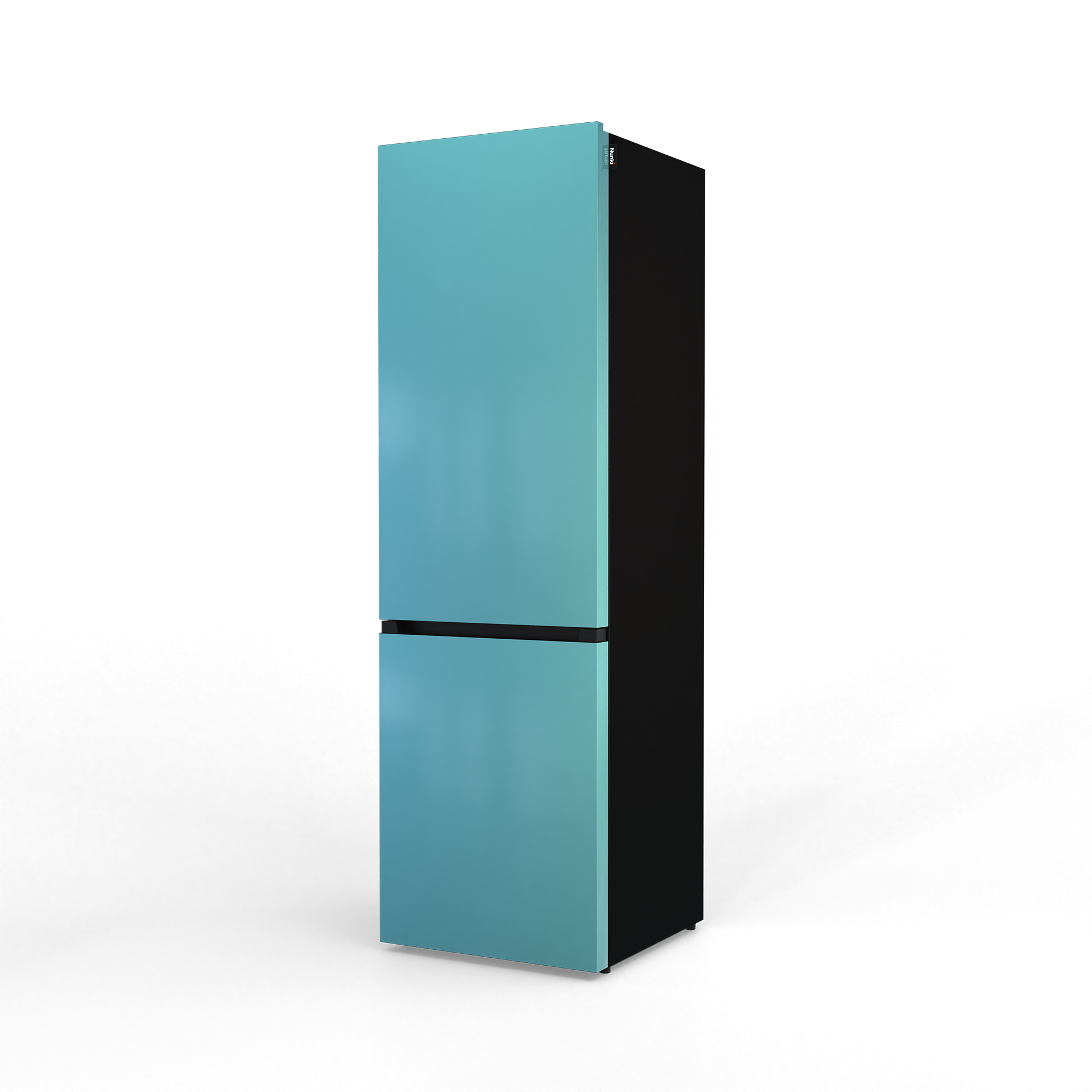 A two-door refrigerator in turquoise and black.