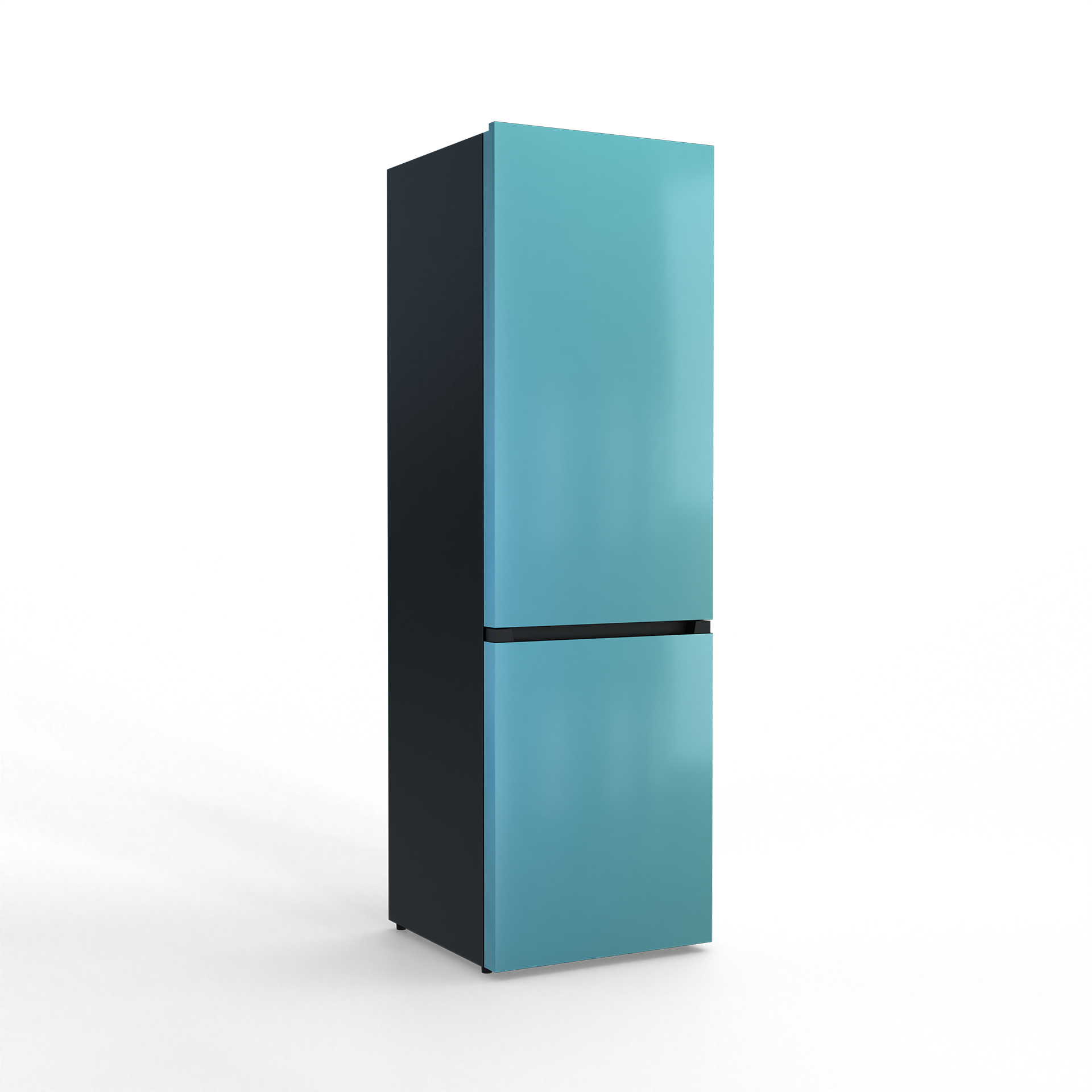 A two-door blue refrigerator with a black handle and black base.