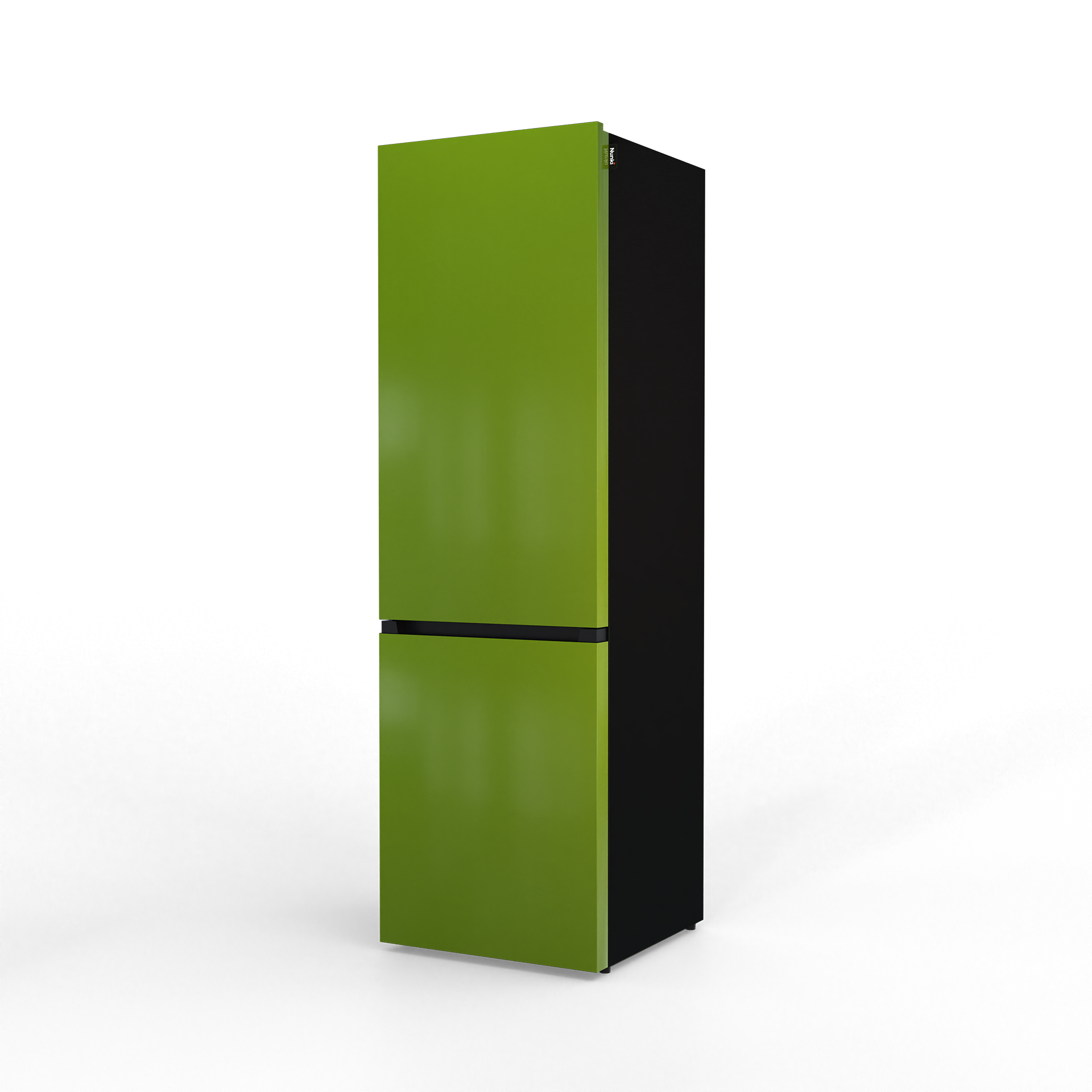 A tall, two-door refrigerator in bright green and black.