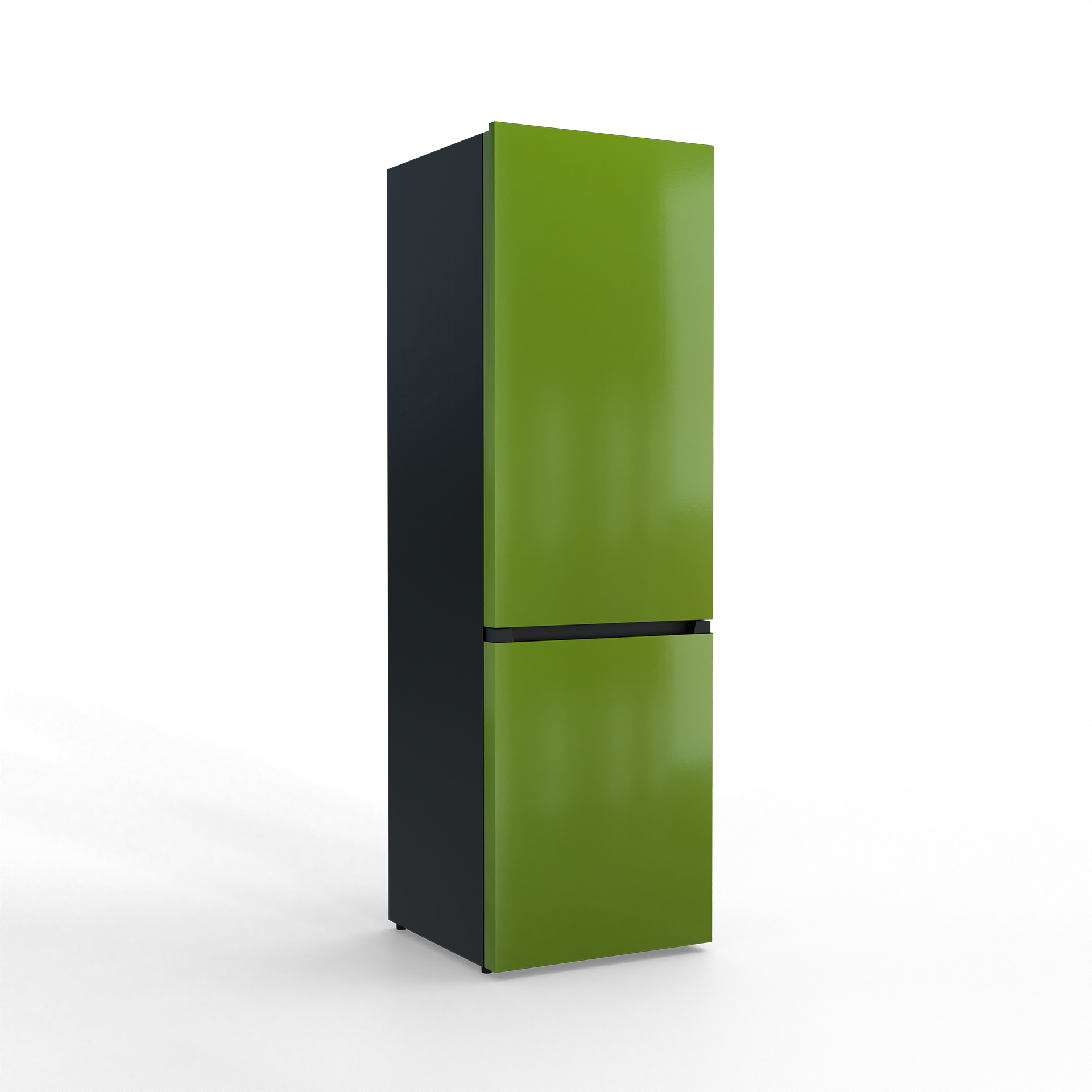 A narrow, two-door refrigerator in lime green and charcoal gray.