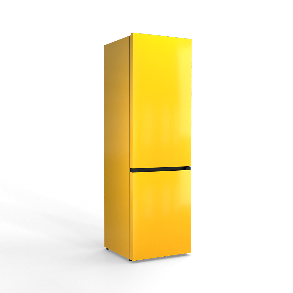 A yellow refrigerator with a black stripe in the middle against a black background.