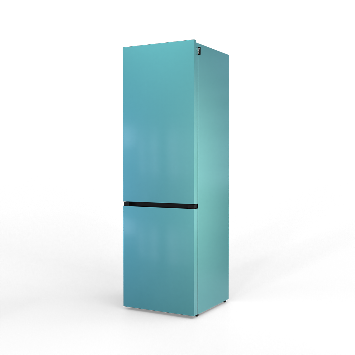 A turquoise two-door refrigerator stands against a black background.