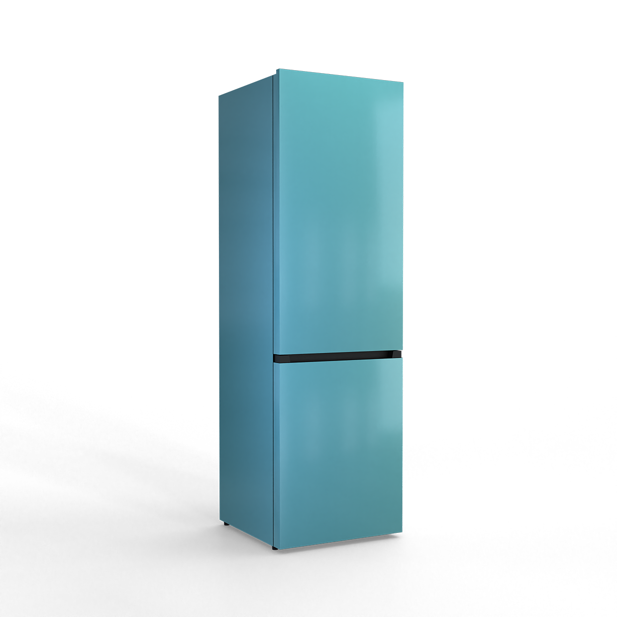A slim, blue two-door refrigerator against a black background.
