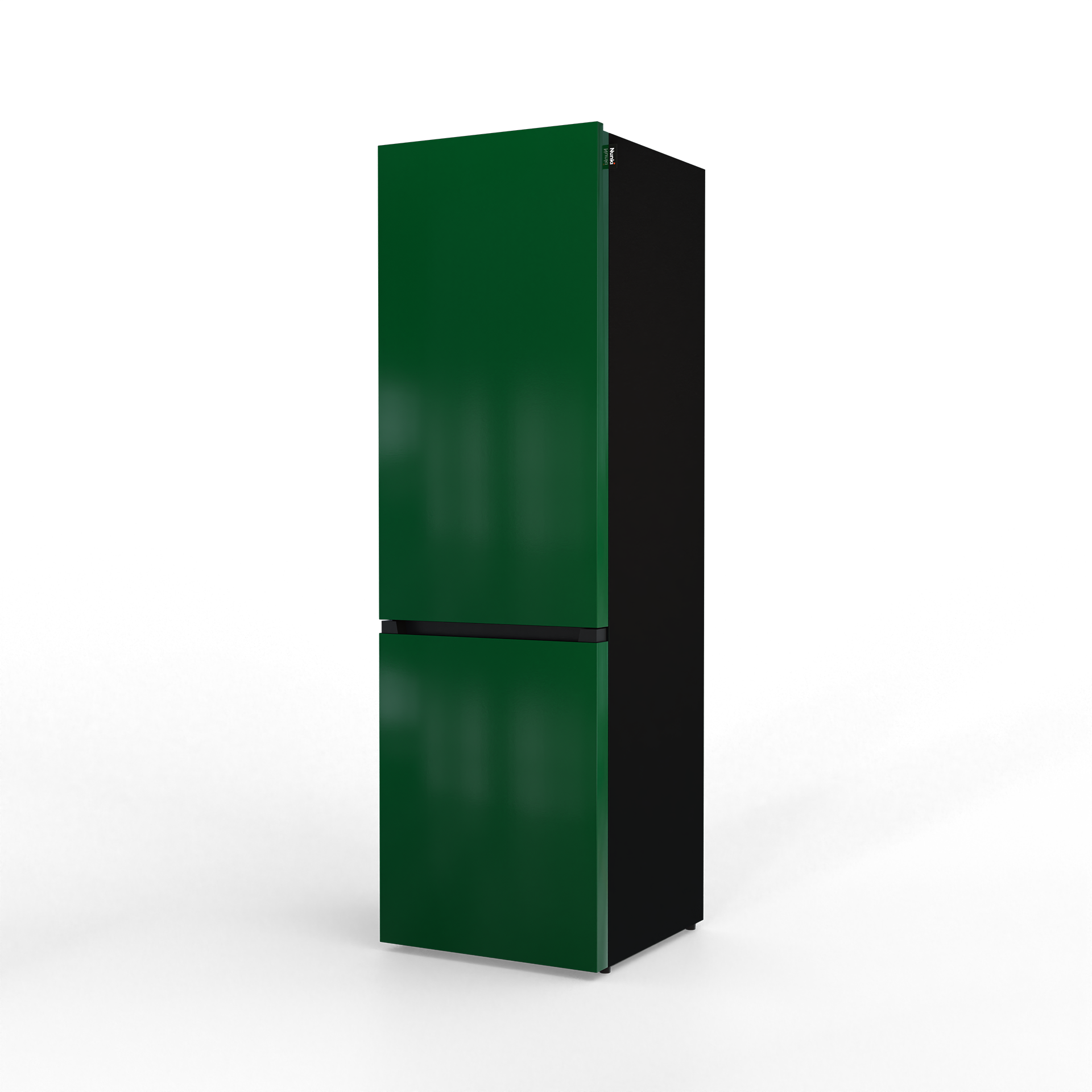A tall, slim refrigerator with a dark green door and a black body.