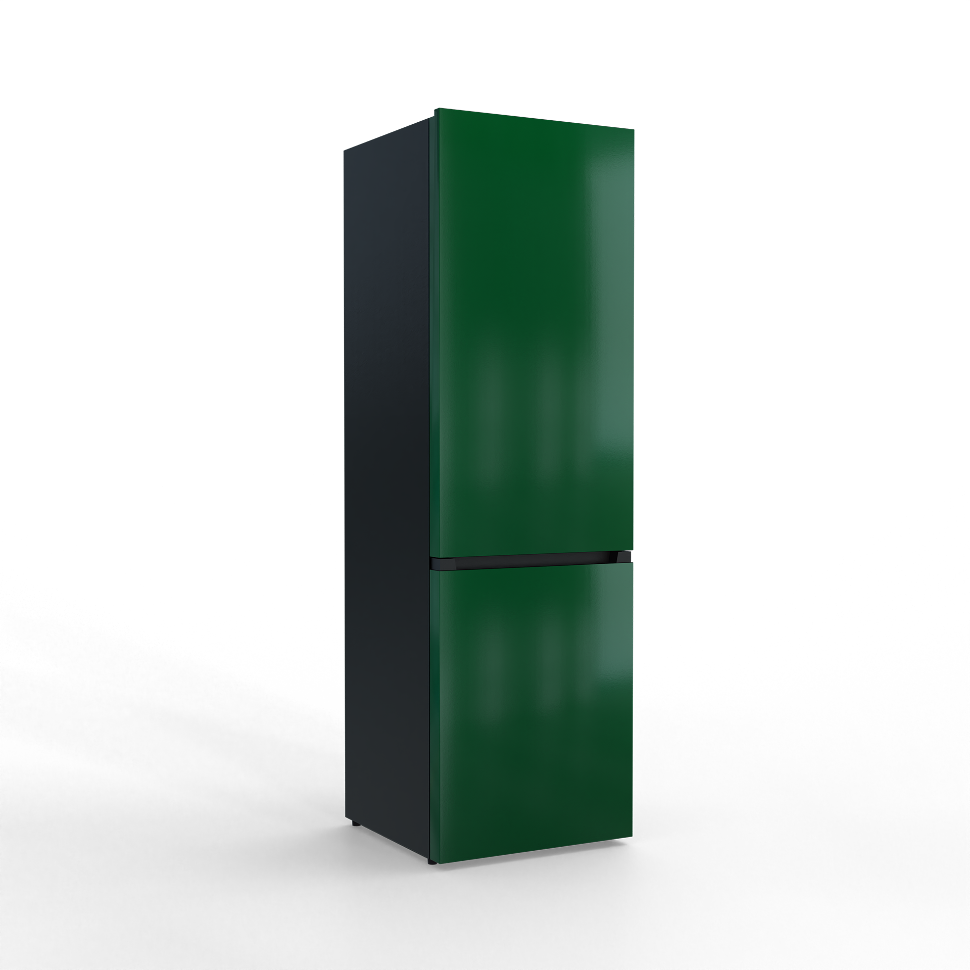 A dark grey refrigerator with two green doors, set against a black background.