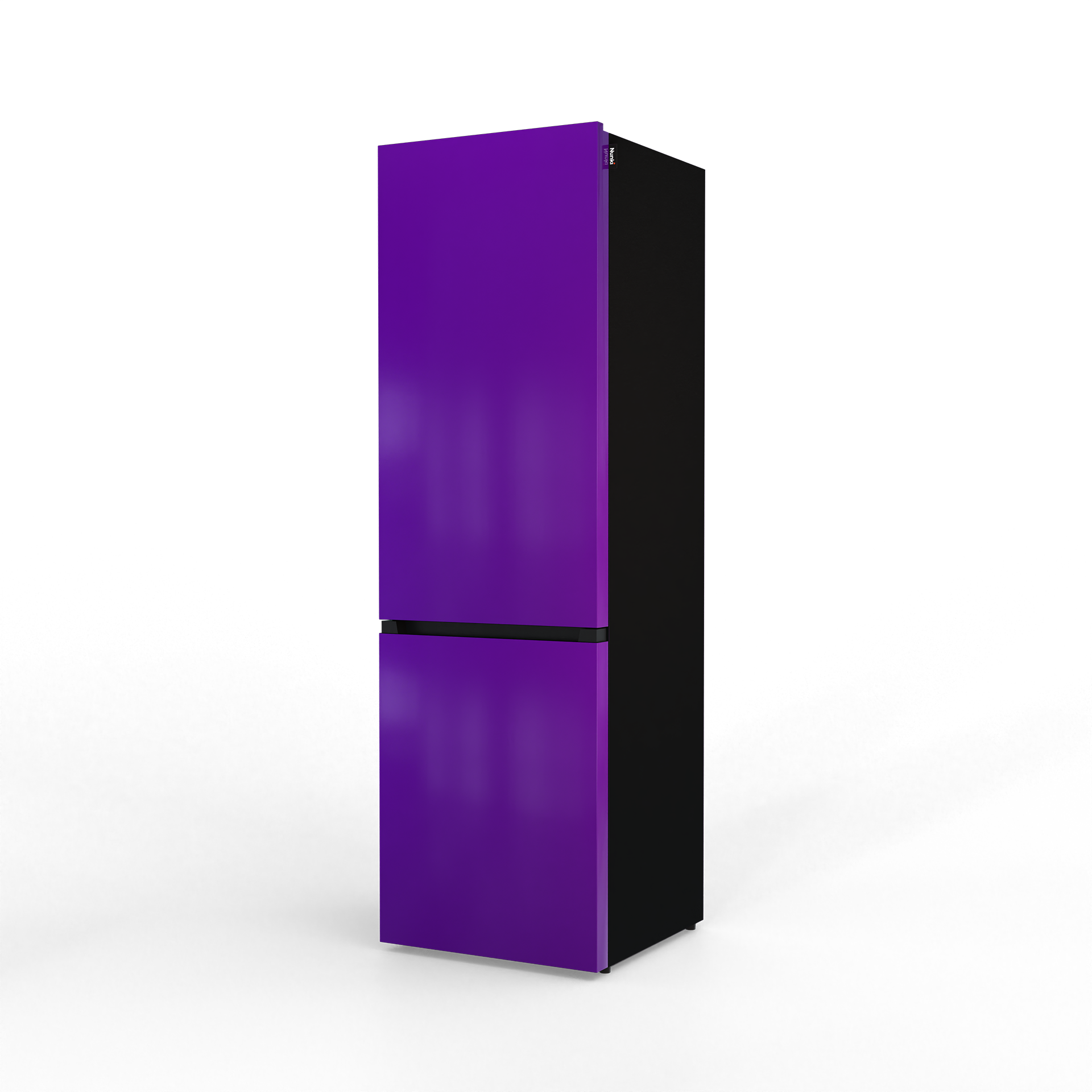 A sleek, purple refrigerator with a black side on a black background.