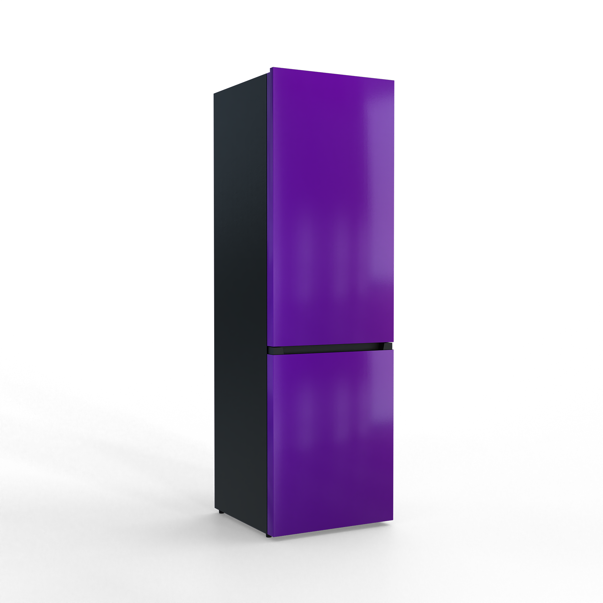 A tall, narrow refrigerator with a vibrant purple door and a dark gray body.