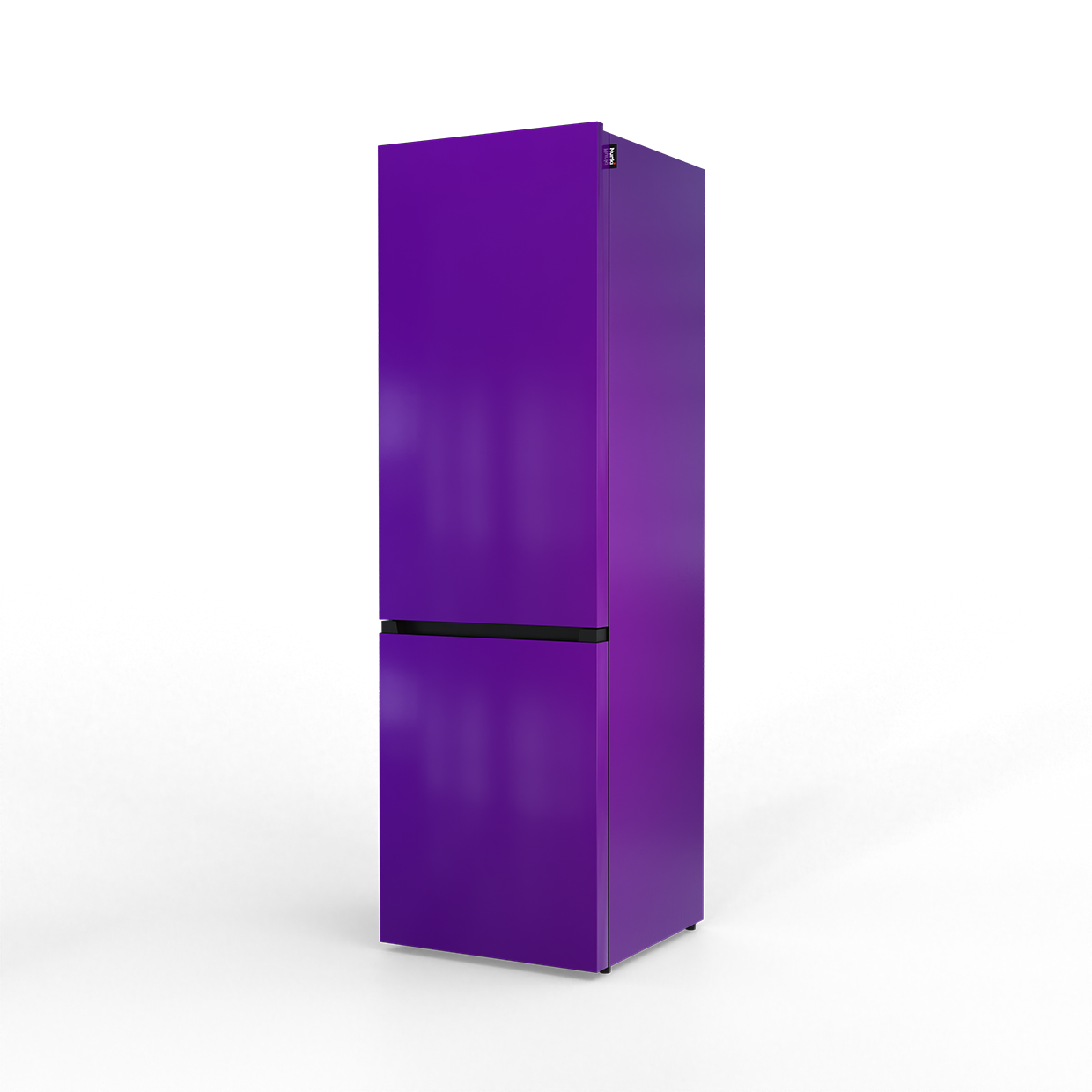 A purple refrigerator with a black stripe in the middle.
