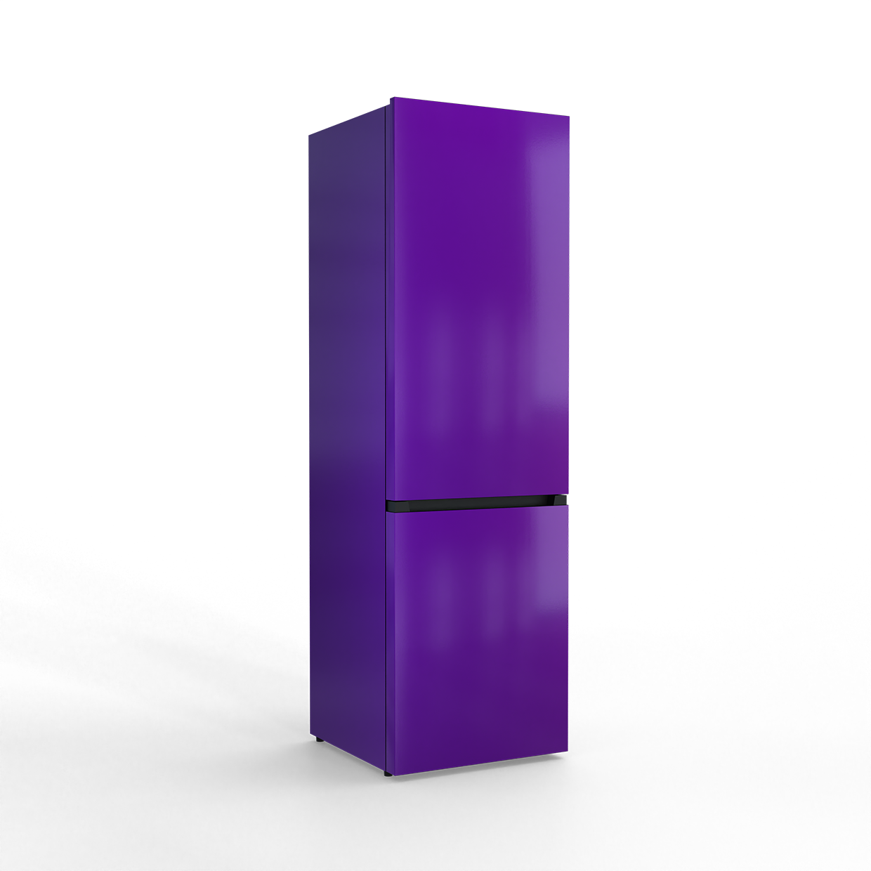 A purple refrigerator with a black stripe in the middle, isolated on a black background.