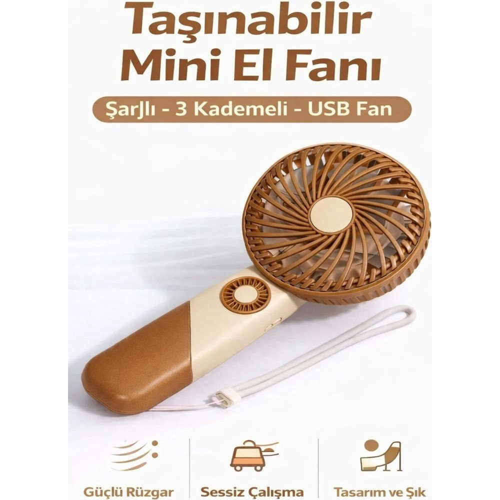 Taşınabilir mini USB fan, kahverengi ve bej, bilek kayışlı.