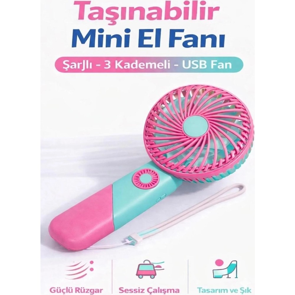 Pembe ve turkuaz renkli mini el fanı, bilek askılı. Beyaz arka planda sergileniyor.