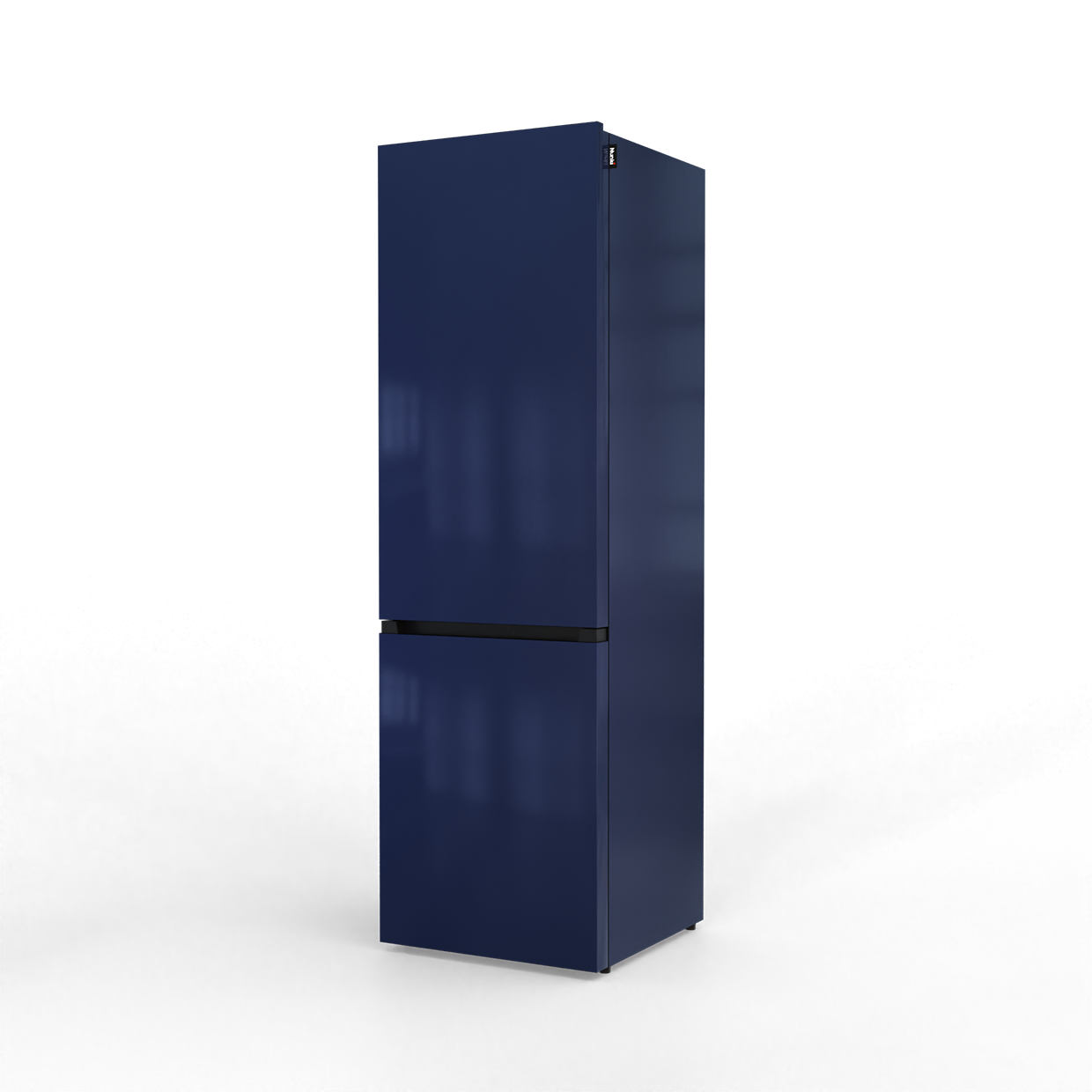 A dark blue refrigerator with a black stripe in the middle stands against a black background.